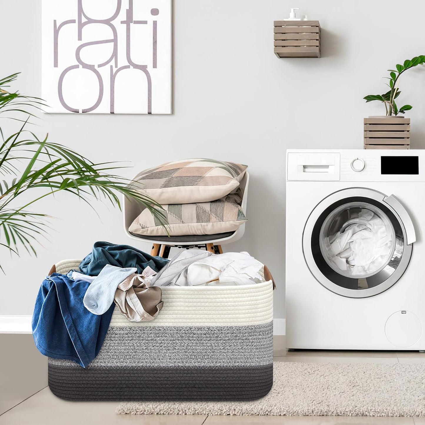 Large Collapsible Laundry Basket, Clothes Hamper for Blanket, Toy, Towels, Woven Baskets for Storage, Nursery Home Decor Living room 21.6" x 15" x 11.8", Gradient Grey