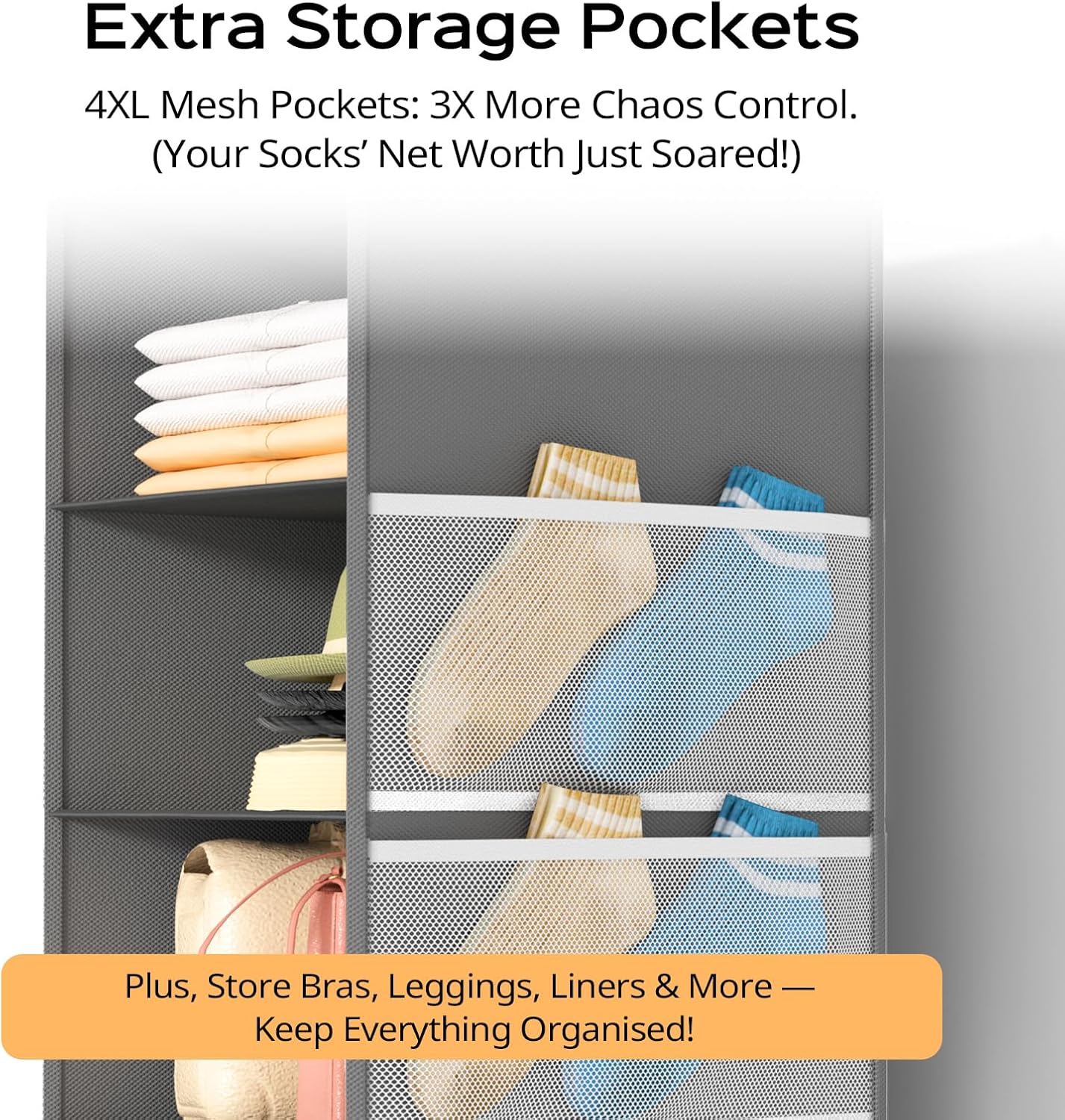 Deep Hanging Closet Organizers and Storage, Closet Hanging Storage Shelves with 5 Shelves and 4 Mesh Pockets, Heavy-Duty Closet Organizer for Clothes, Hats, and RVs and Dorm Essential,1-Pack, Grey