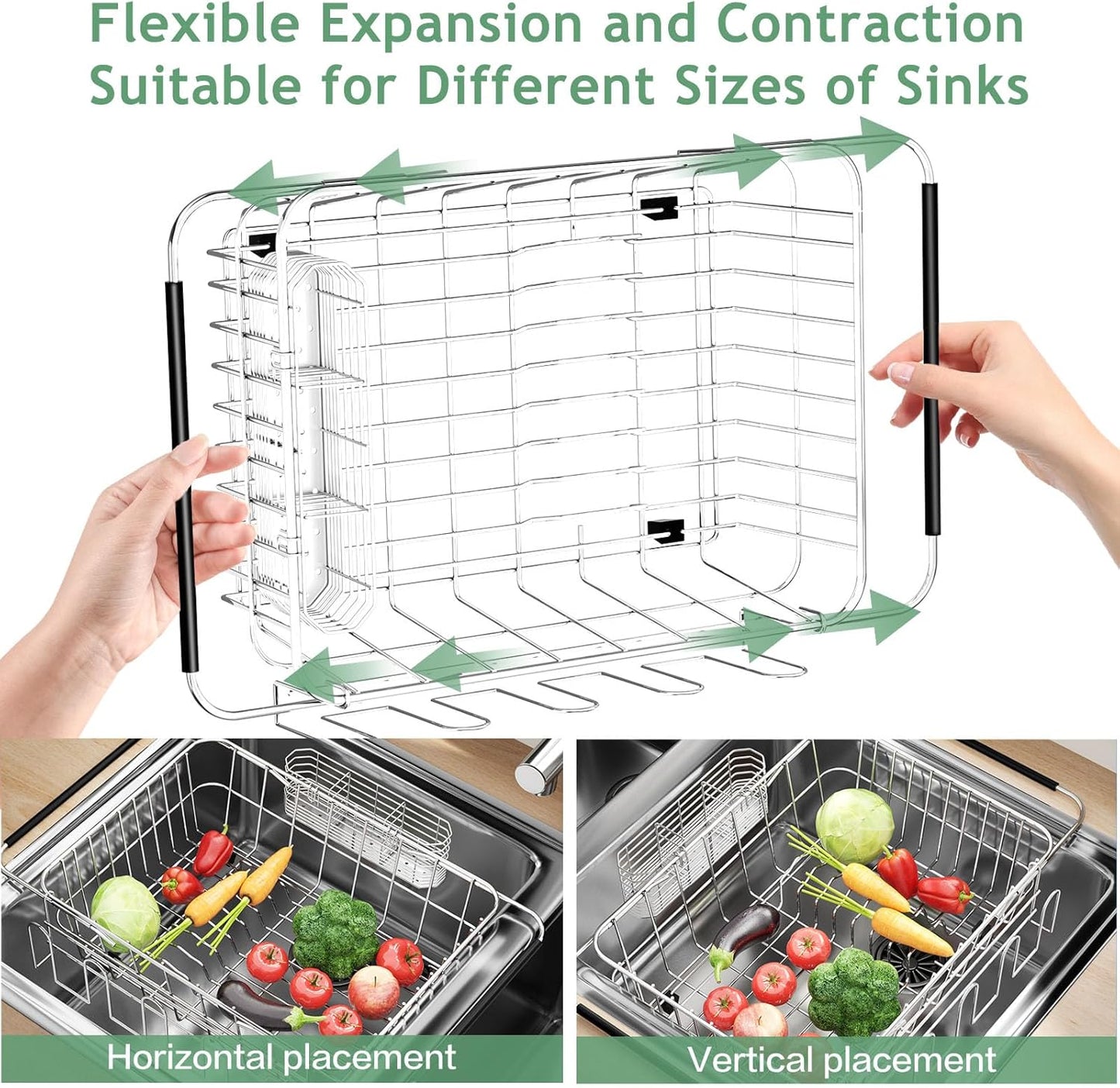 Dish Drying Rack in Sink, Extendable Stainless Steel Dish Drainers for Kitchen Counter, Anti-Rust Dish Dryer Rack with Utensil & Cup Holders, for Inside Sink, Over The Sink