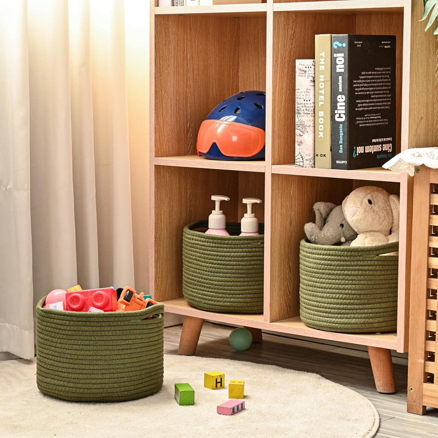 Small Storage Baskets for Organizing, Organizer Baskets for Shelves, Green Woven Basket for Storage Decor, Small Decorative Cotton Rope Basket, 9.7"×9.7"×7" (3 Packs) Green