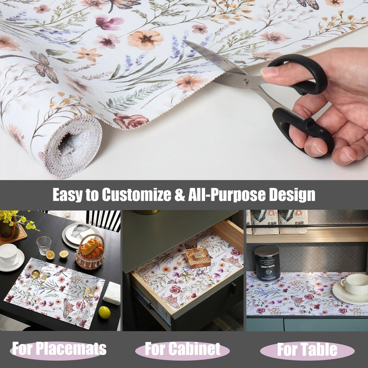 Shelf and Drawer Liner for Kitchen Cabinets, Non-Adhesive and Strong Non-Slip Floral Shelf Cabinet Drawer Liners for Kitchen, Waterproof Cupboard Liners,Easy to Clean,12IN x 10FT