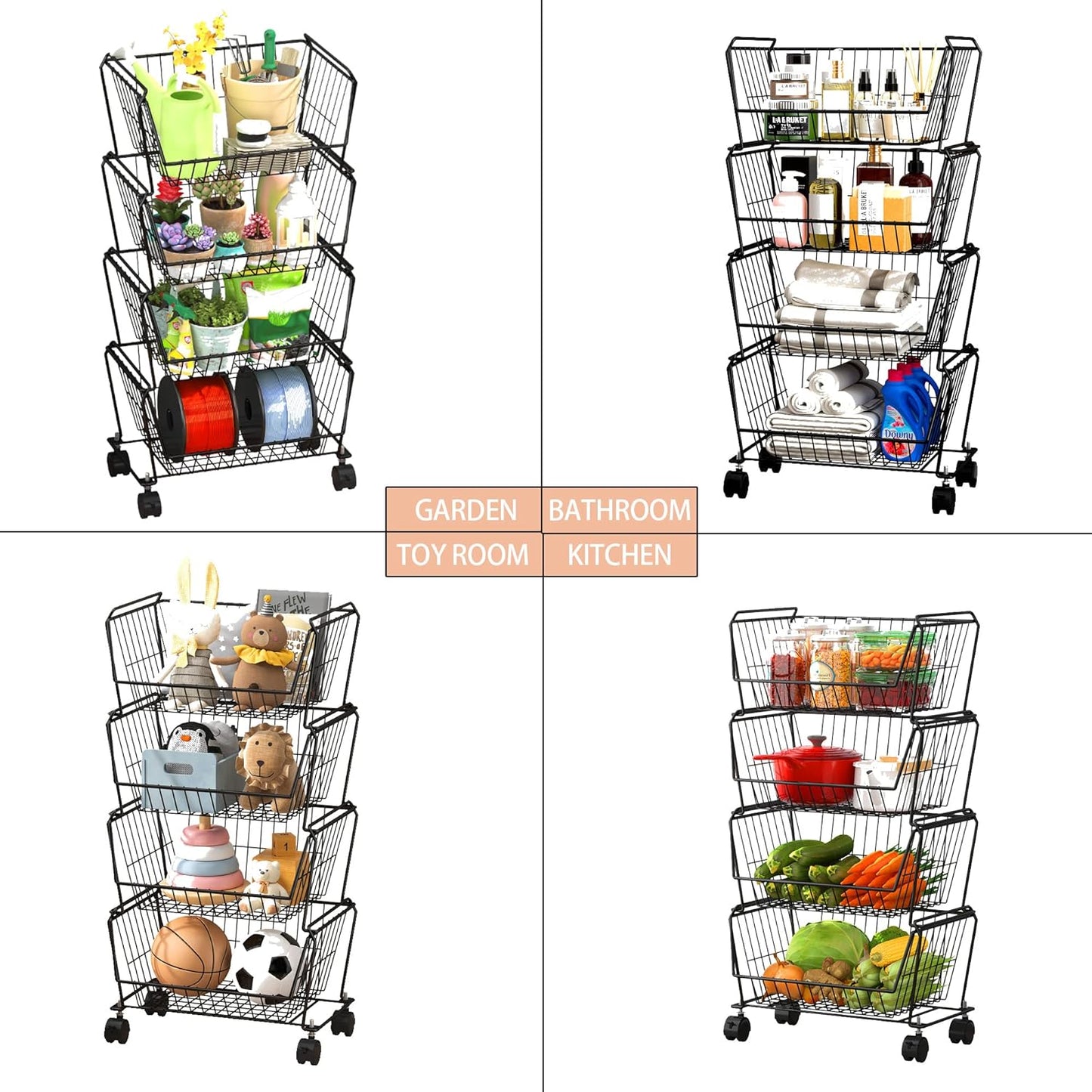 PUSDON 4-Tier Stackable Metal Storage Baskets, Anti-Rust Fruit Vegetable Rack, Dual Use Shelf for Kitchen, Home & Office, Black