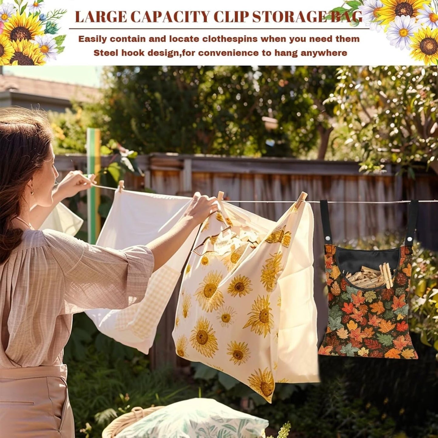 Fashion Maple Leaf Laundry Clothespin Holder Bag - 12x14.5 Inch Waterproof Hanging Organizer with Large Opening for Patio & Home