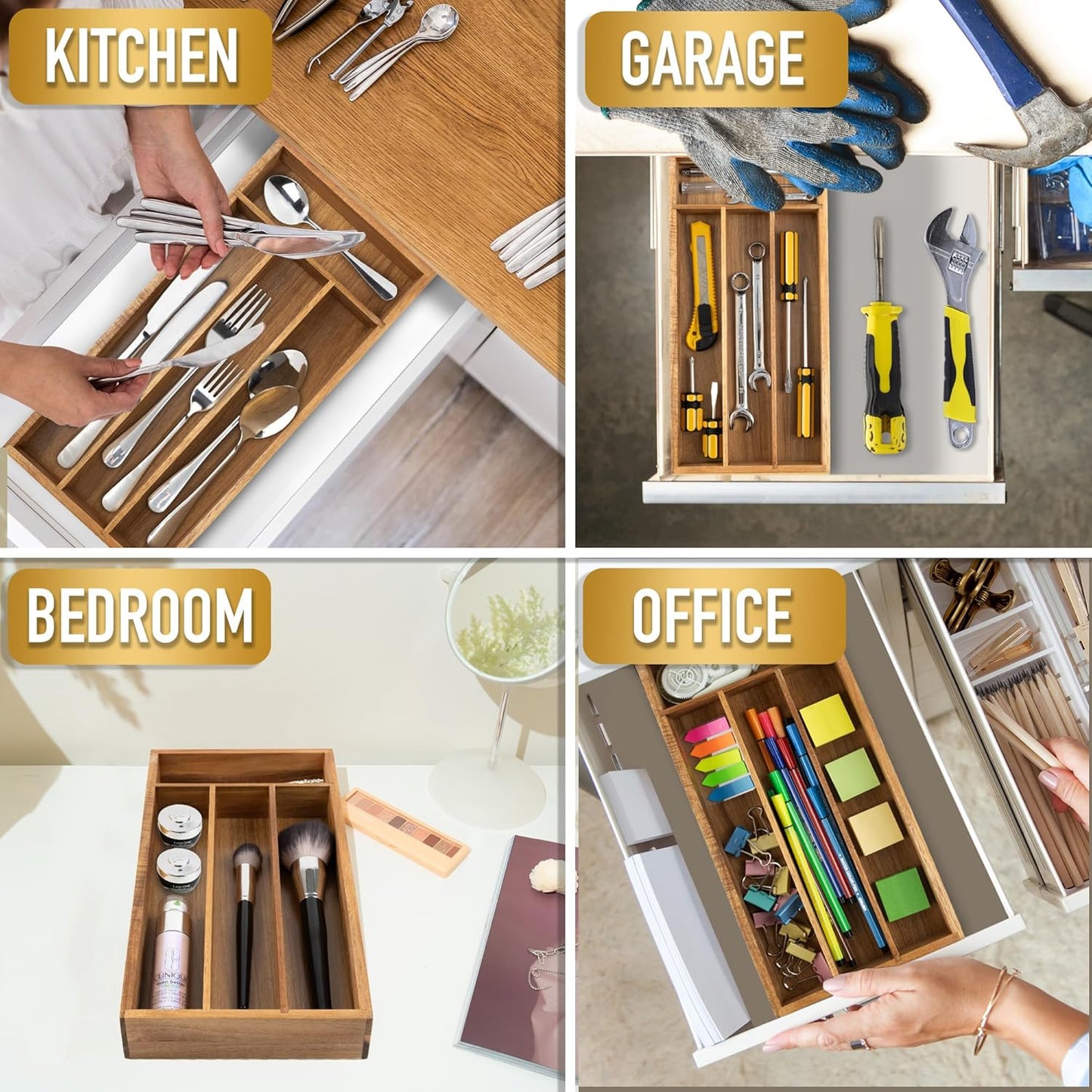 Acacia 4 Slot Silverware Drawer Organizer - Cutlery Holder with Flatware Tray