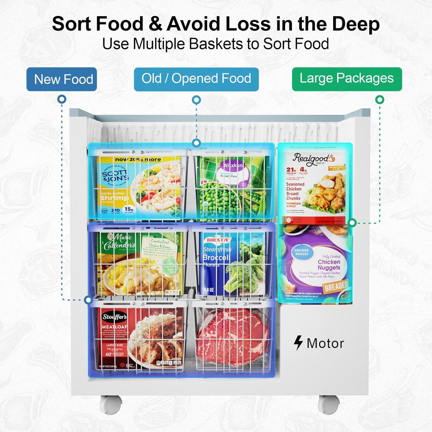 iSPECLE Freezer Organizer Bins - 4 Pack Adjustable & Extra Large Chest Freezer Organizer Bins for 5 to 9 Cu.Ft Deep Freezer, Easy Organize Basket Store More, Stackable No Wasted Space, White