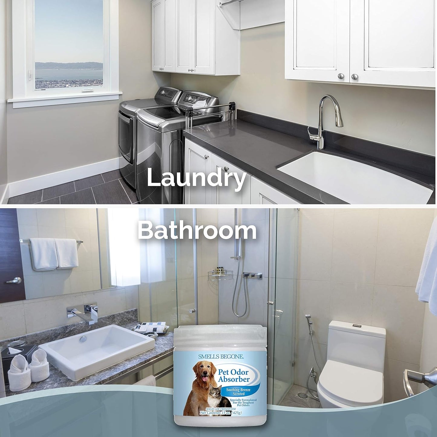 SMELLS BEGONE Air Freshener Pet Odor Absorber Gel - 15 oz, Pack of 2 - Absorbs and Eliminates Odor in Pet Areas, Bathrooms, Cars, & Boats - Made with Essential Oils - Soothing Breeze Scent