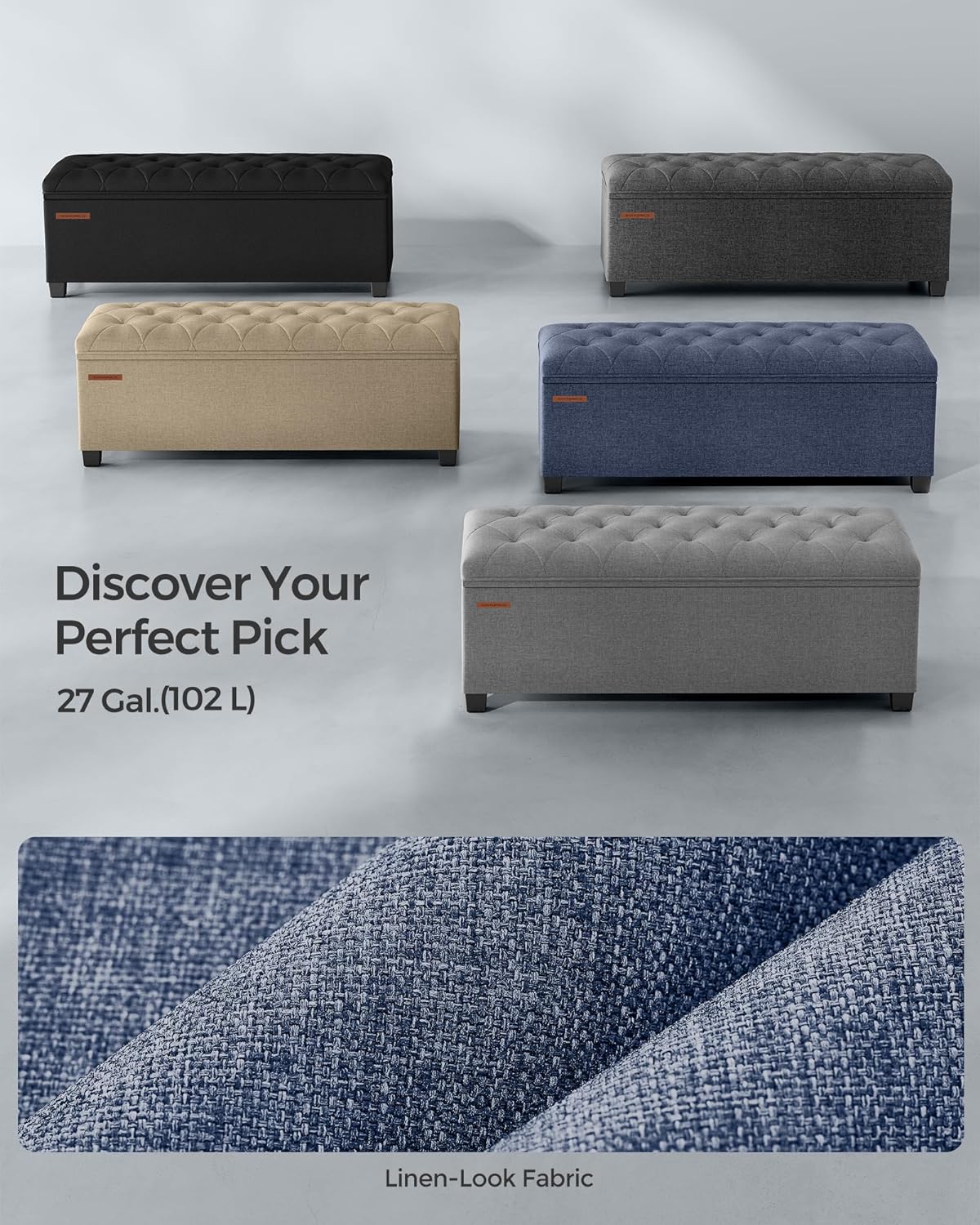 SONGMICS Storage Ottoman Bench, Foot Rest with Legs, 15.7 x 43.3 x 15.7 Inches, End of Bed Bench, Storage Chest, Load up to 660 lb, for Living Room, Bedroom, Entryway, Light Denim Blue ULSF088Q01