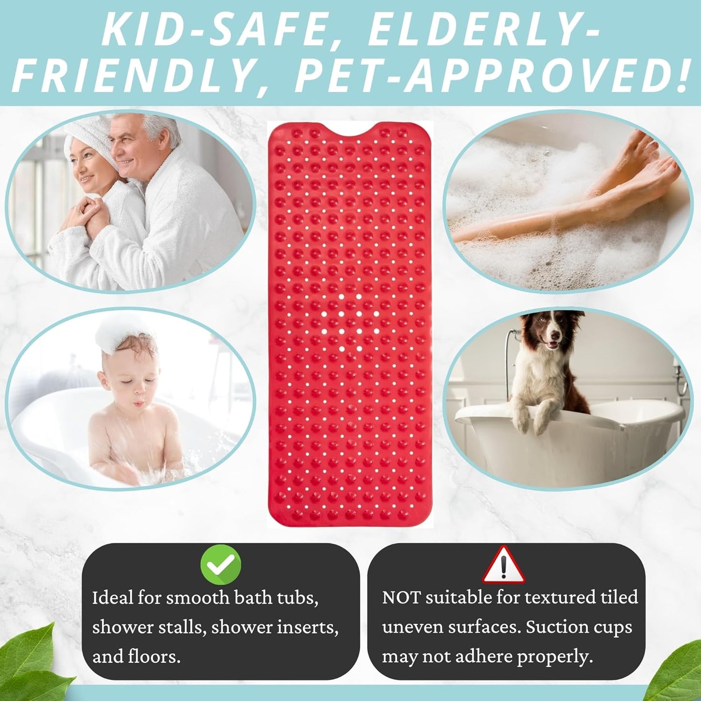 ENKOSI Non-Slip Bath Mat – Extra Long 40 x 16 Bathtub Shower Mat – Anti Slip Safe PVC Bathroom Tub Mat with Suction Cups & Drain Holes for Safety and Decor (40x16 Red)