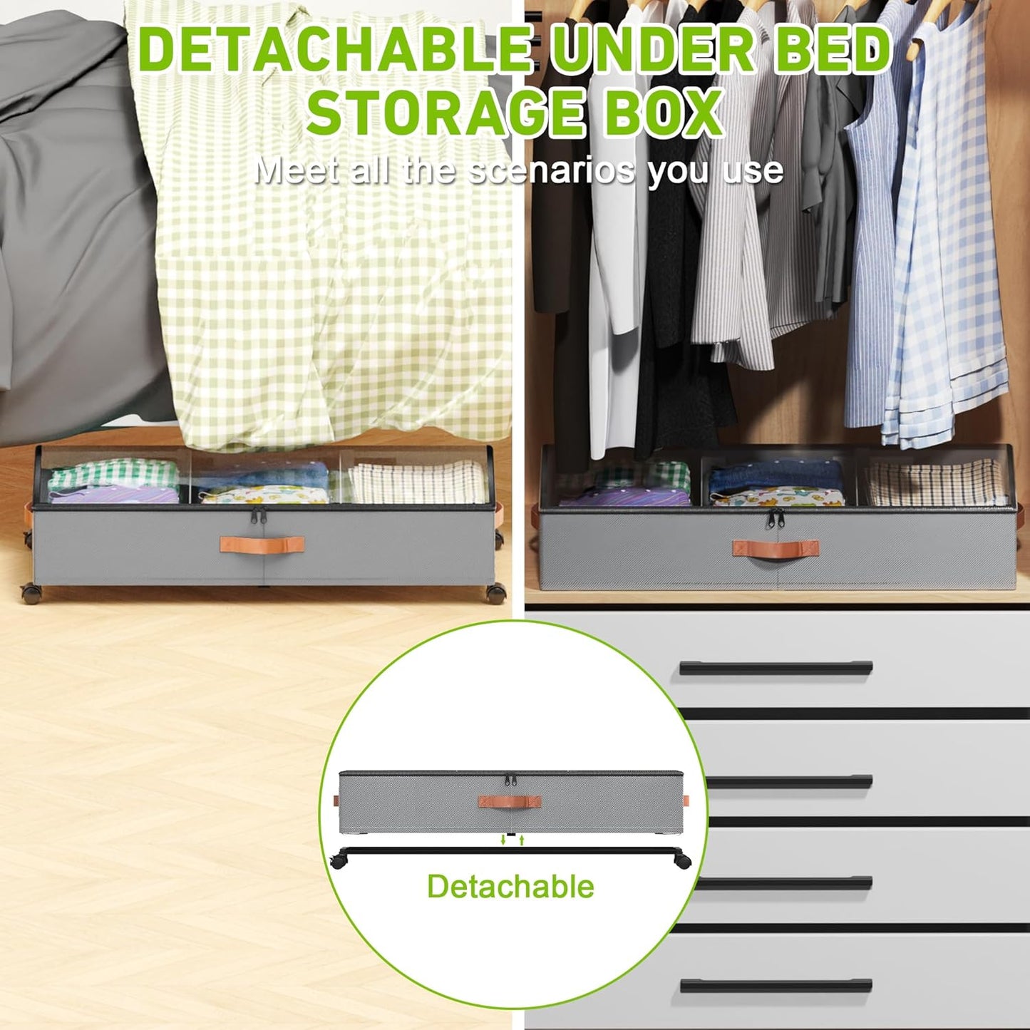 Under Bed Storage with Wheels, 2-Pack Under Bed Storage Containers with Clear Lids, XXL 65L Under the bed storage Organizer Bins, Rolling Under Bed Metal Drawer for Clothes,Shoes,Toys (Gray, 2-Pack)