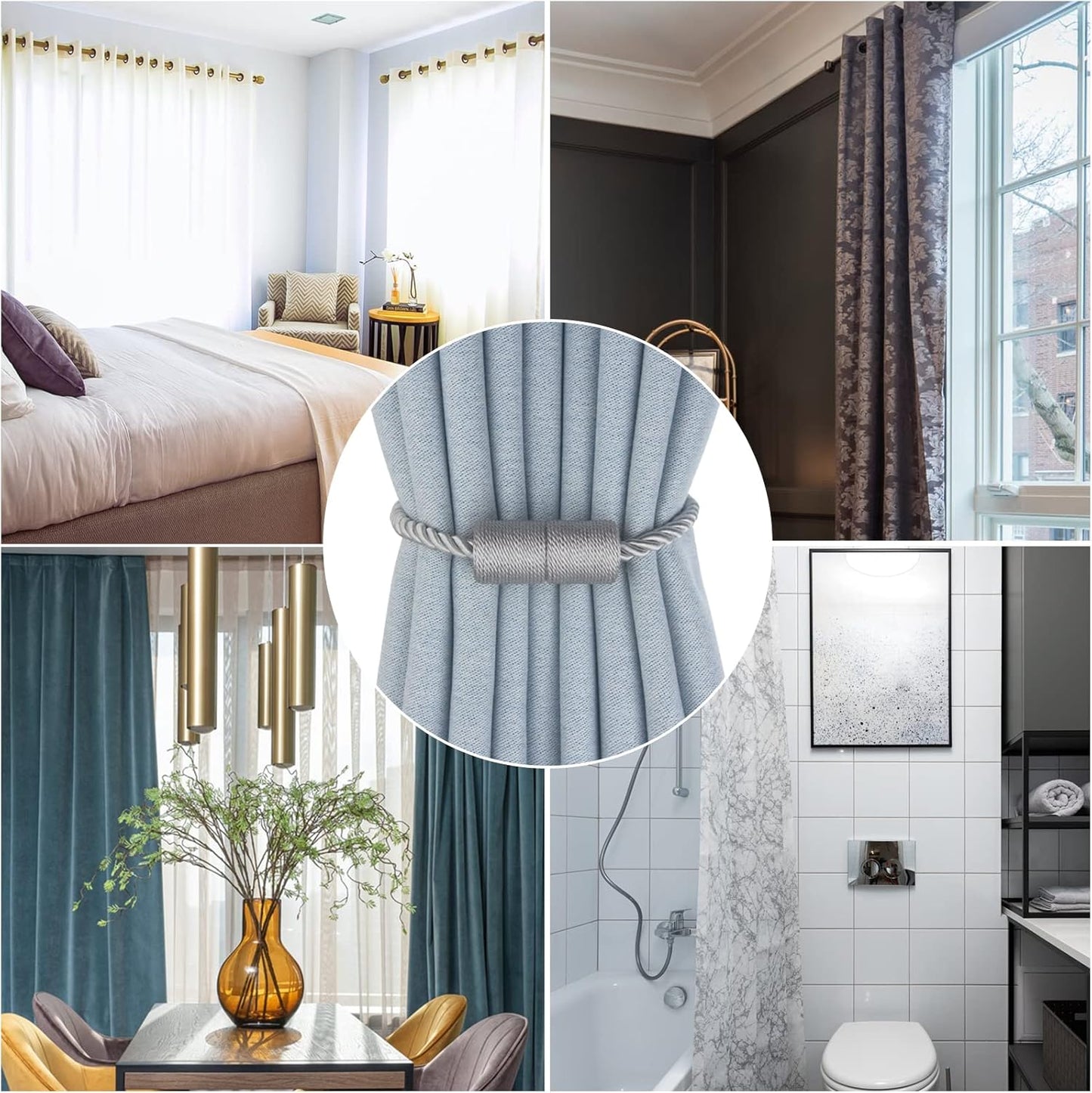 Magnetic Curtain Tiebacks 4 Pack Grey Curtain Rope Tieback Curtain Holders for Drapes Modern Tie Backs Decorative Curtain Holdbacks