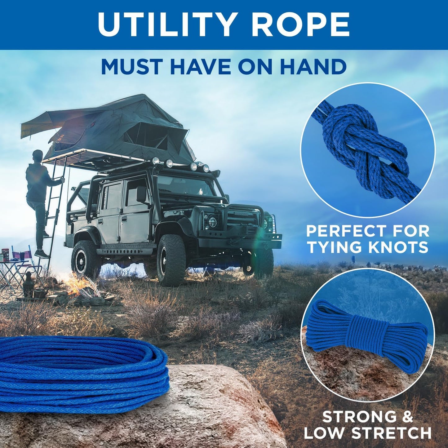 TECEUM Cotton Rope 3/16” (5 mm) – 50 FT – Strong All-Purpose Braided Rope – Natural Cotton – for Crafting, Сamping, Clothes Line, DIY, Indoor & Outdoor Use – Blue