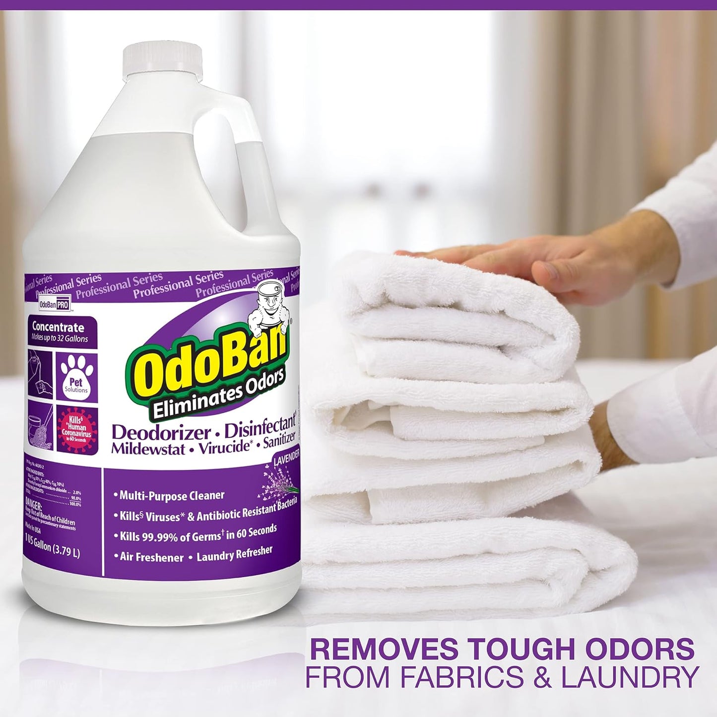OdoBan Professional Disinfectant and Odor Eliminator Concentrate, Made in the USA, Lavender Scent, 4-Pack, 1 Gallon Each