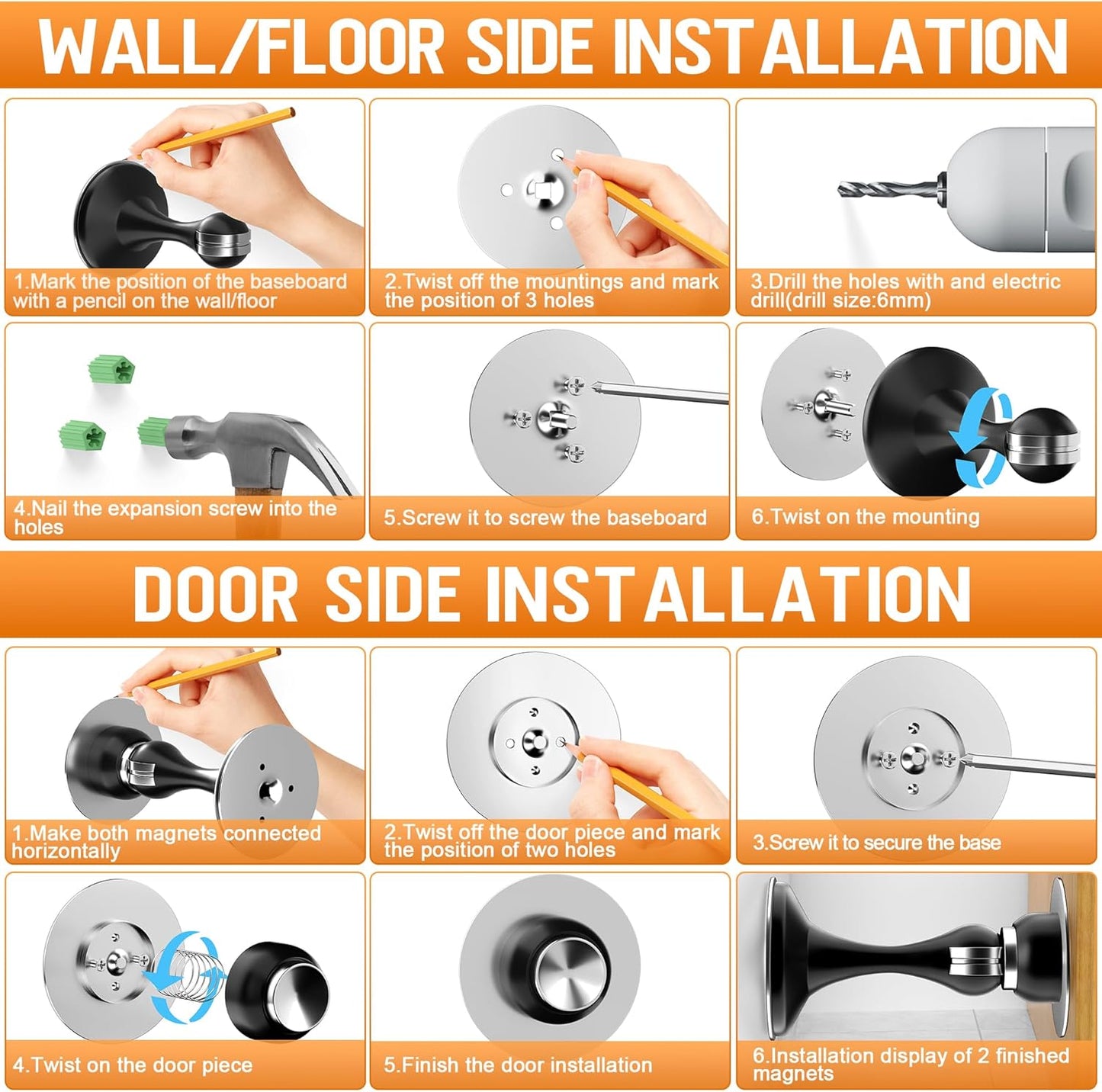 Crosize Magnetic Door Stoppers 4 Pack, Stainless Steel Door Catch for Wall and Floor Mounting, Door Holder Keep Door Open, No Drilling Door Stop with Adhesive Tapes, White