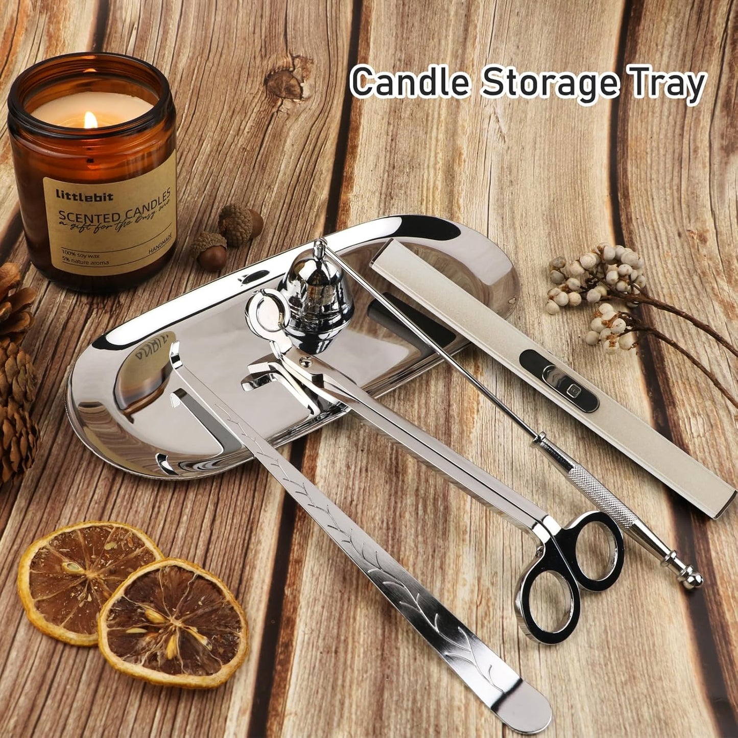 5 in 1 Candle Accessory Set, Candle Wick Trimmer Cutter, Candle Snuffer & Candle Wick Dipper,USB Rechargeable Lighter, Storage Tray Plate for Candle Lover Mom Gift, Candle Care Kit (Silver)