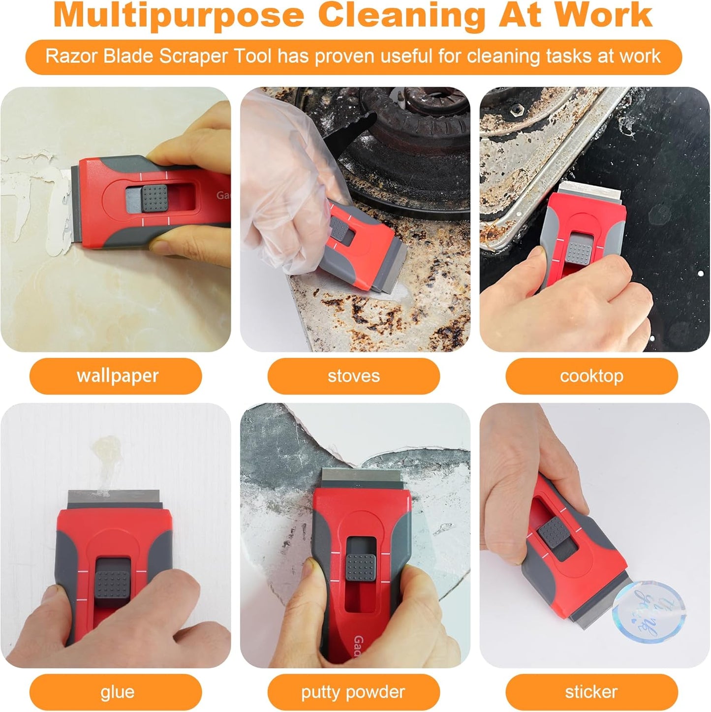 Razor Blade Scraper with 10pcs Blades and 3Pcs wire brushes,Scraper Tool for Cleaning Glass Window, Cooktop, Oven, Stove Scraper, Scraper with Buit-In Blade Storage, Upgraded Lock Mechanism,Gray