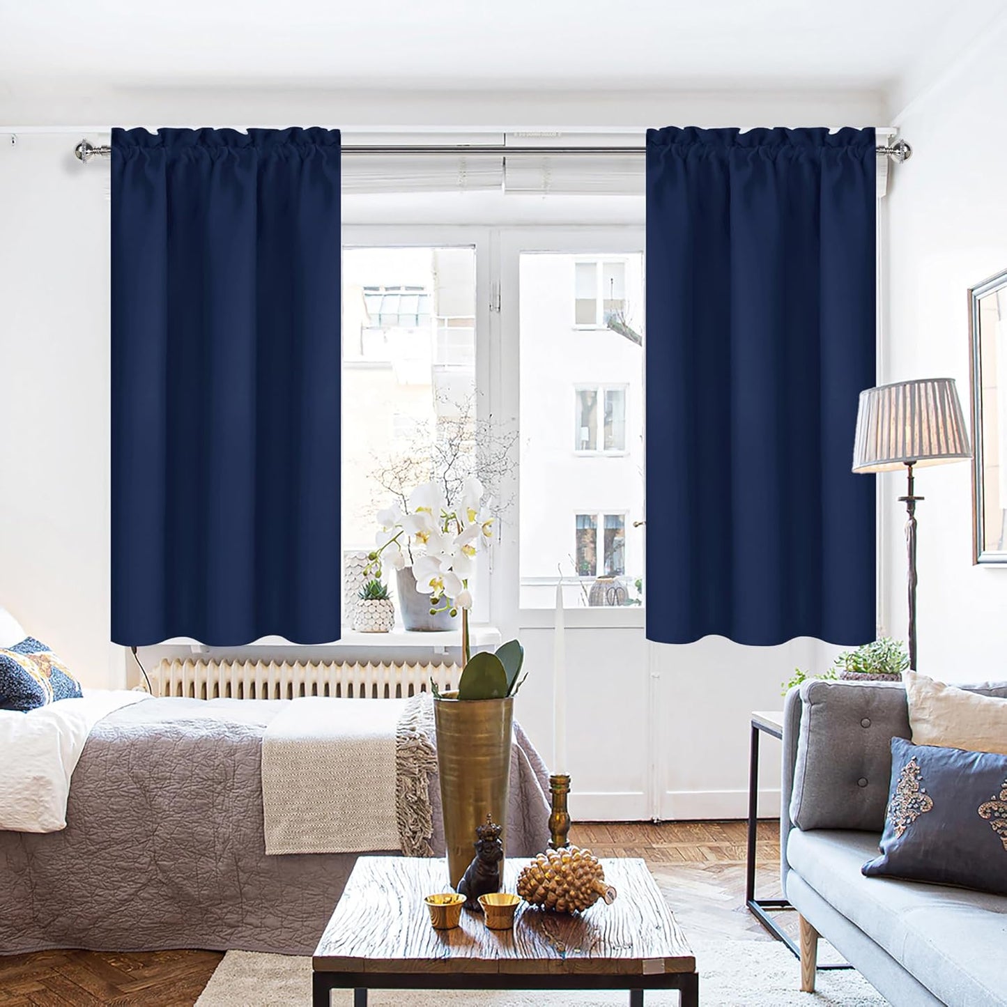 DWCN Short Blackout Curtains for Bedroom 45 Inches Long 2 Panels Set, Solid Thermal Insulated Energy Saving Window Treatment Drapes, Rod Pocket Curtains for Kids Boys Room (W42 x L45 Inch, Navy Blue)