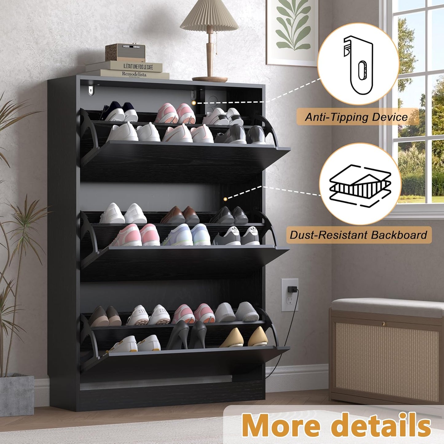 Shoe Cabinet with Odor Control and Back Panels, Deodorizing Slim 3-Flip Shoe Storage Cabinet for Entryway, Freestanding Hidden Shoe Rack Organizer for Entrance, Hallway, Bedroom