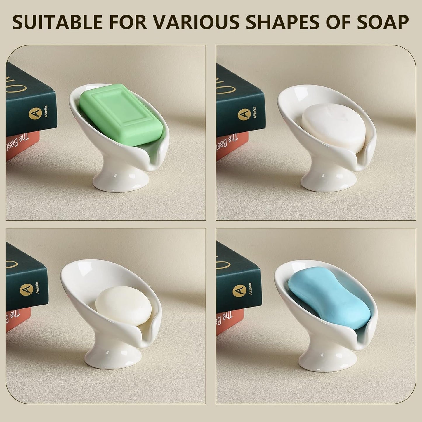 Soap Dish Set, Self Draining Bar Soap Holder for Bathroom Sink, Leaf Shaped Drainage Soap Dish Ceramic White Porcelain Decorative Soap Dishes 2PCS, ANTIS'S HOME