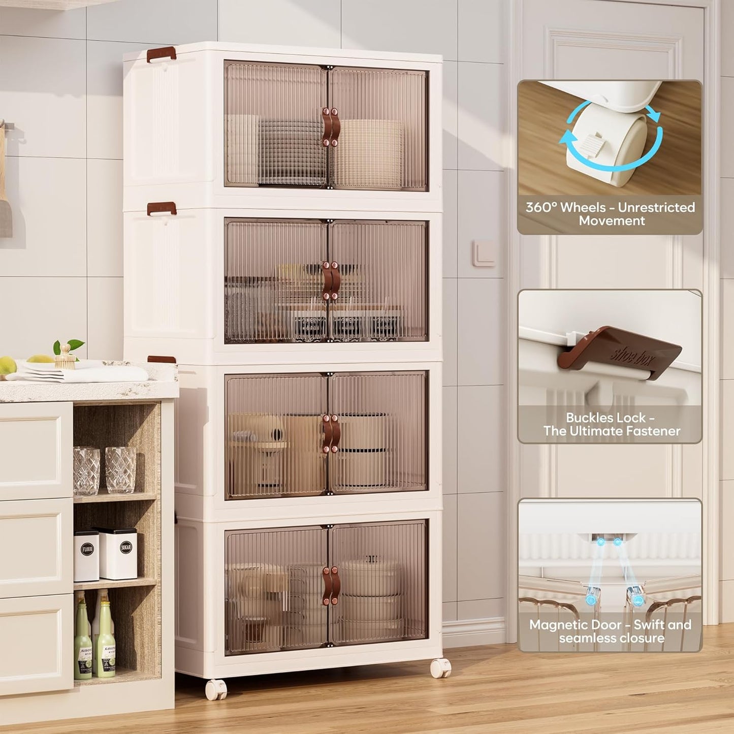 Jalove 88QT Plastic Storage Bins with lids, Stackable Collapsible Storage Containers with Wheels, Closet Organizer and Storage Drawers, Clothes Storage Cabinet for Home Office Garage, 4 Pack White