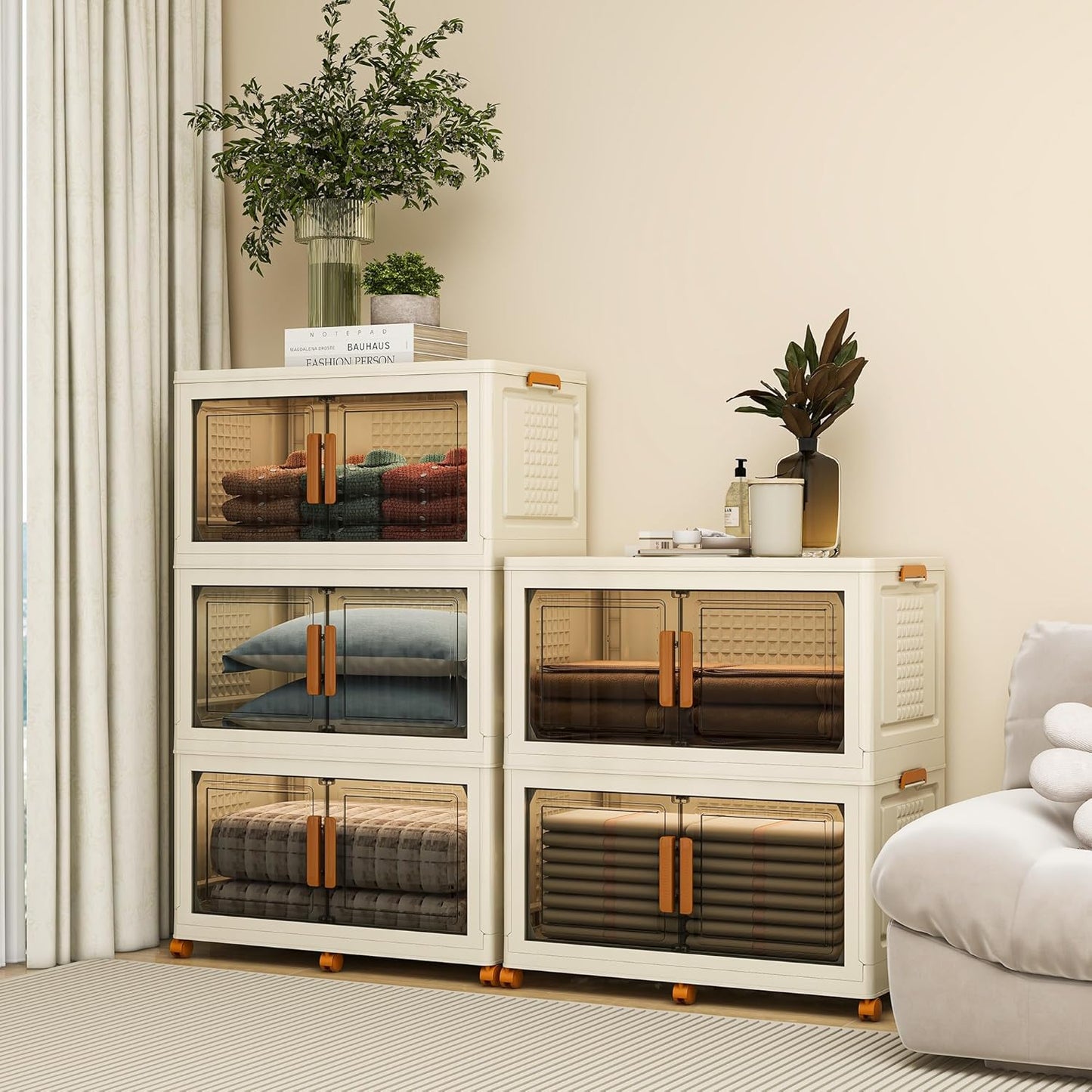 2 Tier Extra Large Stackable Storage Bins with 1 Lid 205 QT/Tier, Collapsible Plastic Box Storage with Wheels, Home Containers Boxes Closet Organizers for Living Room, Office, Dorm