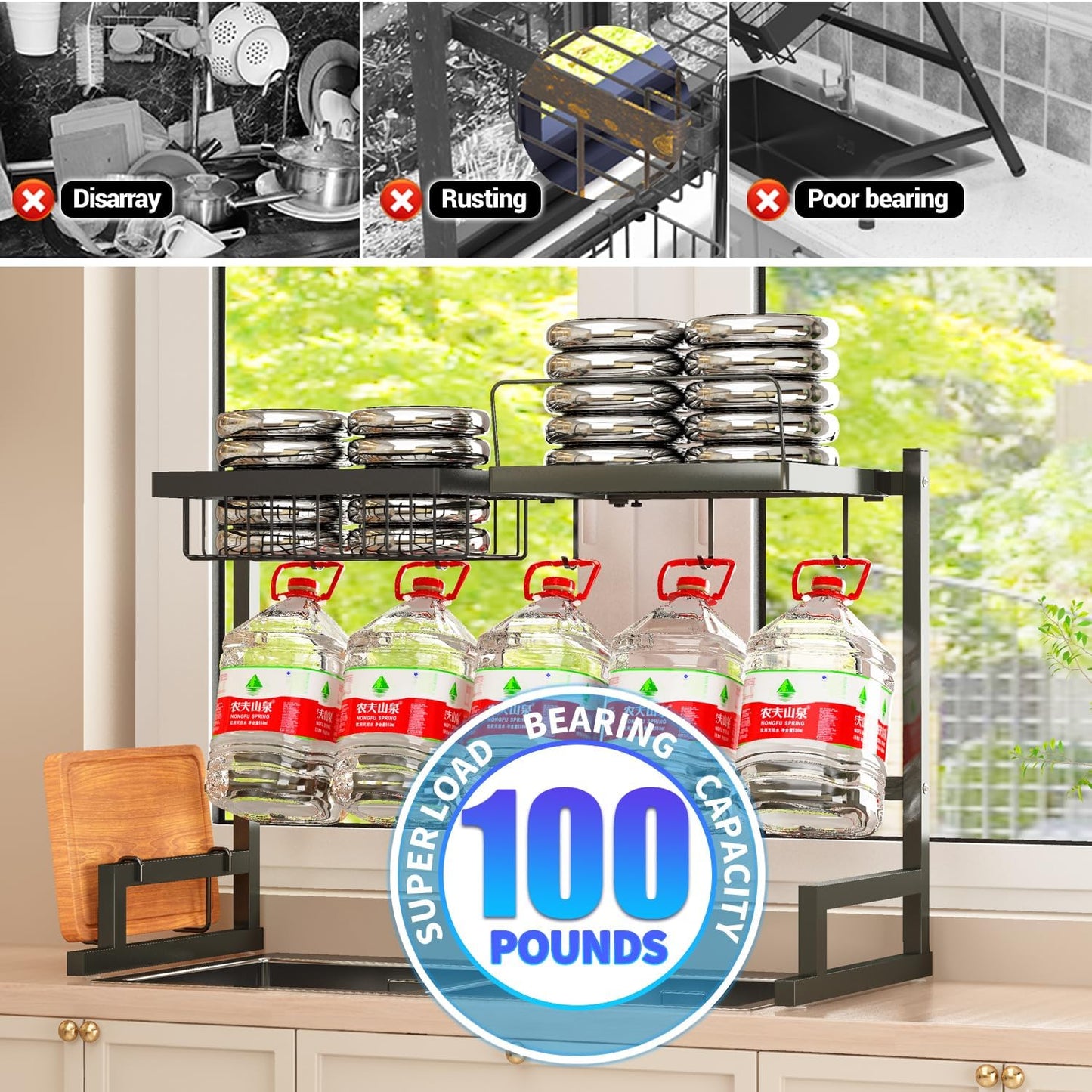 ADBIU 【Fit Sink 24"- 35.6" L 2024 Over The Sink Drying Rack (Expandable Dimension) Snap-On Design 2 Tier Large Dish Rack Kitchen Count Organization and Storage