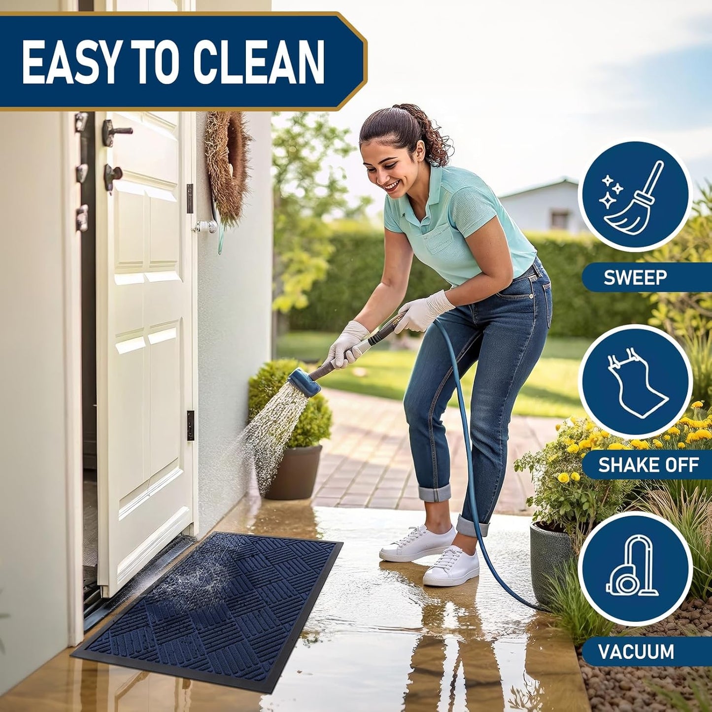 Smiry Front Door Mat Outside Entrance, Heavy Duty Outdoor Indoor Natural Rubber Doormat, Non Slip, Trap Dirt and Moisture, Easy Clean, Low Profile Patio Porch Entryway Mat, 47x32, Navy Blue