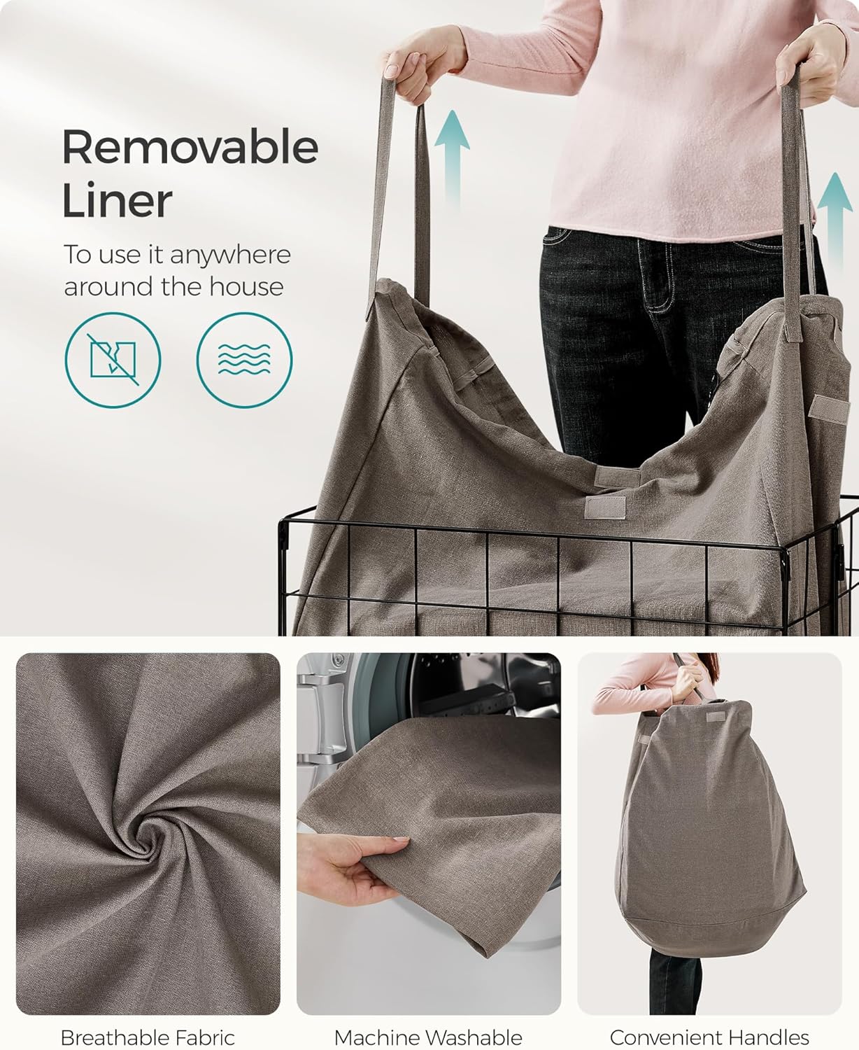 SONGMICS Laundry Hamper, 29 Gal. (110L) Laundry Basket, Collapsible Clothes Hamper, Removable and Washable Liner, Metal Wire Frame, for Bedroom Bathroom, Black and Camel Brown ULCB111N01