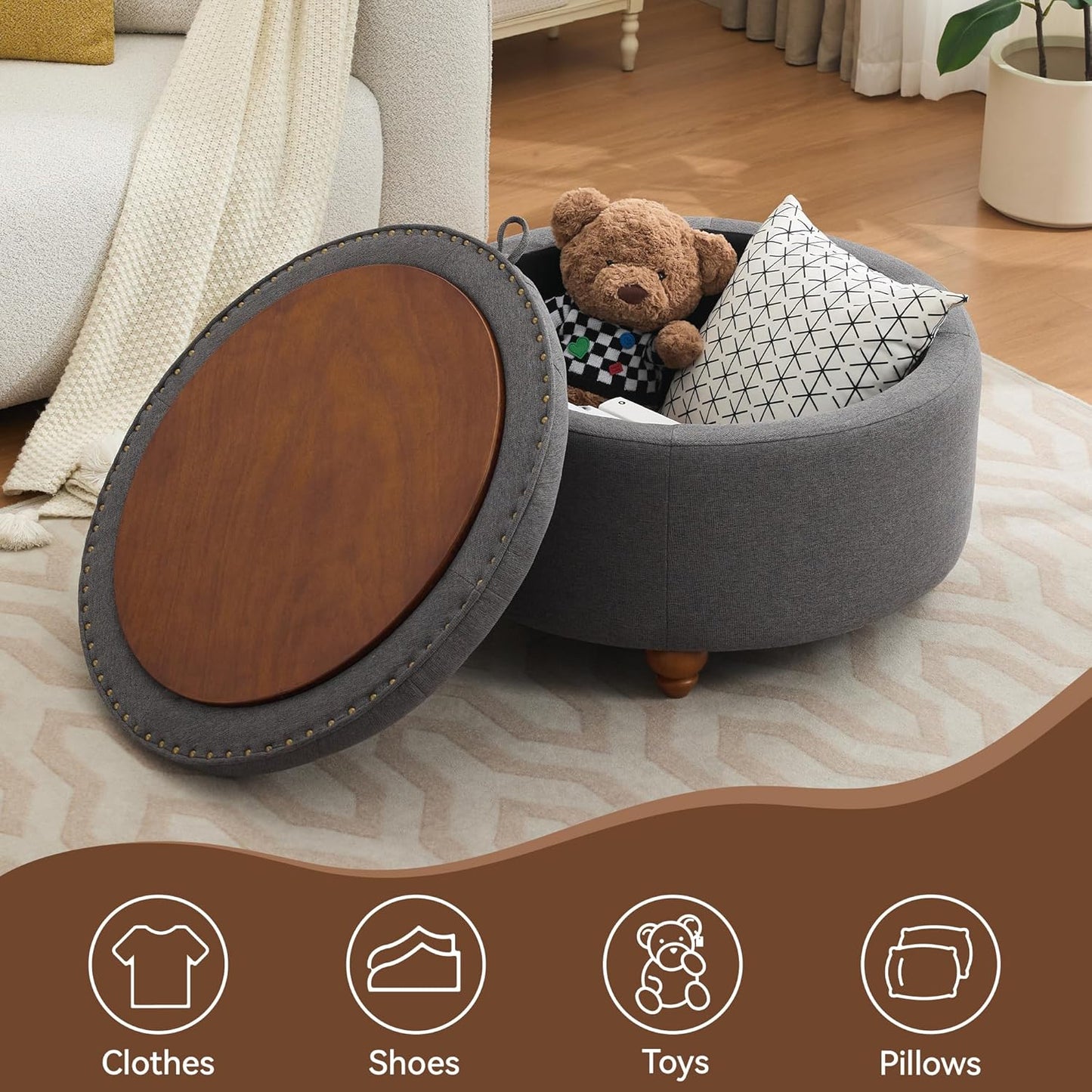 30Inch Round Storage Ottoman with Tray, Modern Tufted Fabric Circle Coffee Table with Storage, Upholstered Ottoman with Removable Top for Living Room, Bedroom, Dark Grey