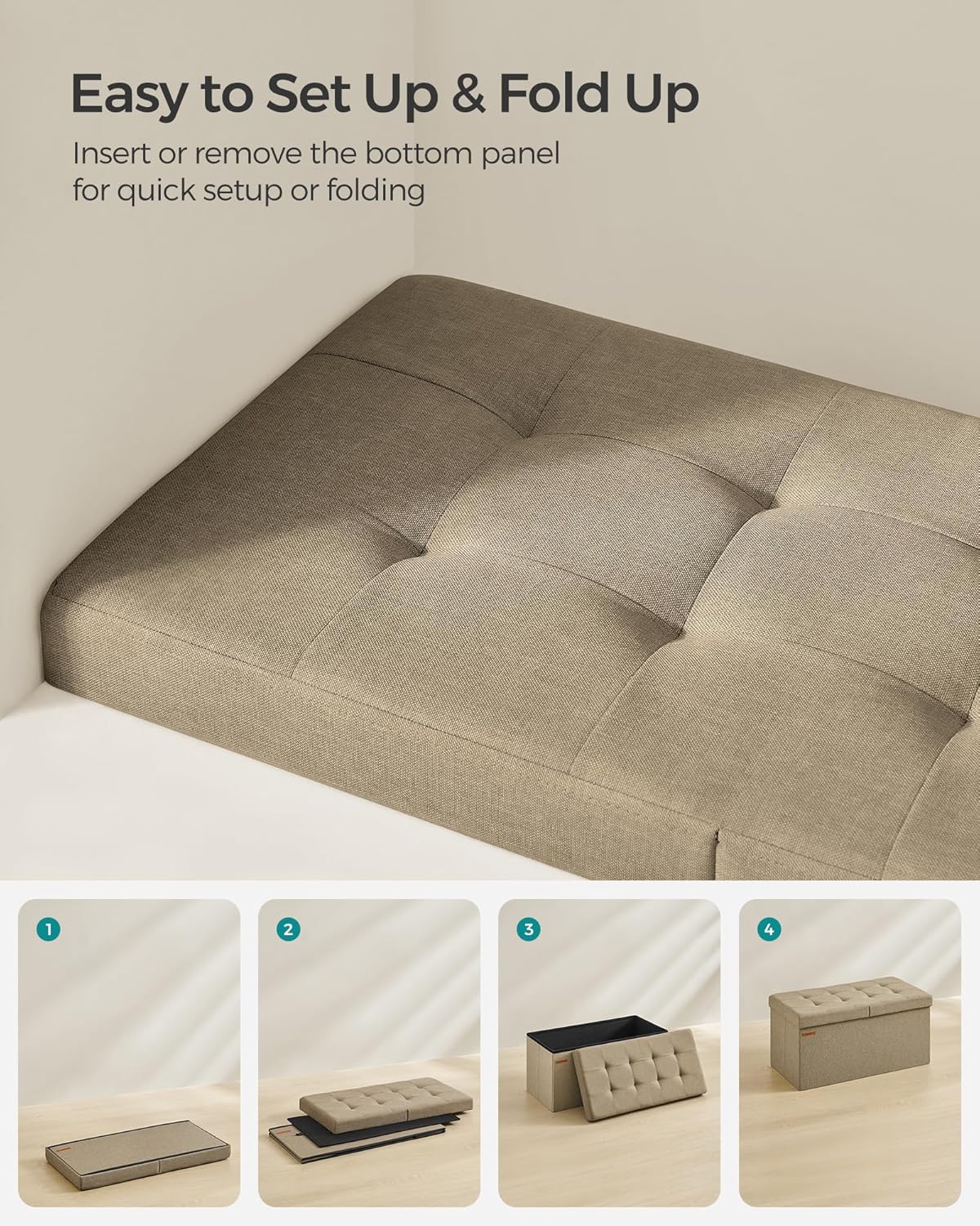 SONGMICS Mazie Collection - 30 Inches Storage Ottoman, Foldable Storage Bench with Flipping Lid, 660 lb Load Capacity, for Entryway, Living Room, Bedroom, Camel Brown ULSF046K01