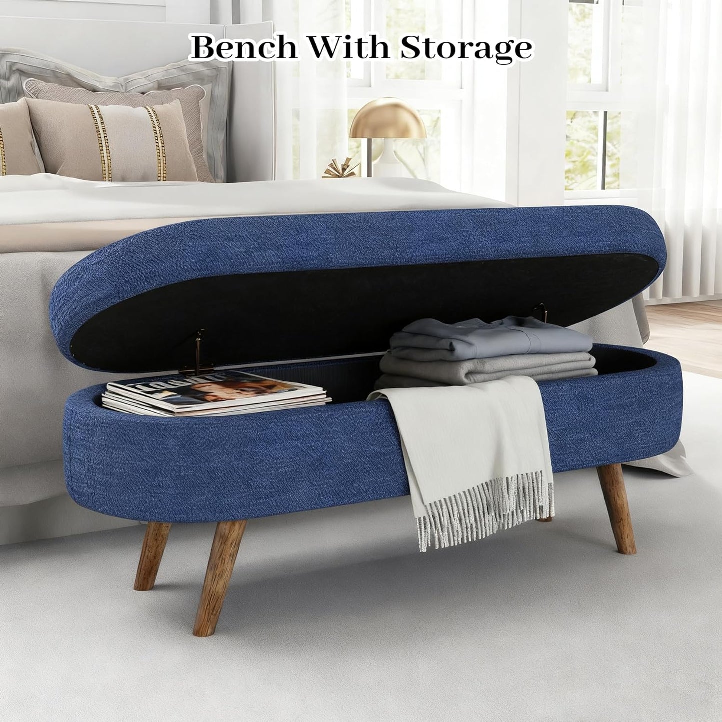 Storage Bench, 43" Storage Ottoman Bench, Shoe Storages Benches for Bedroom, Upholstered Entryway Benches with Seating, Rubber Wood Legs for Bedroom, Living Room, Entryway, Bed Side, Blue