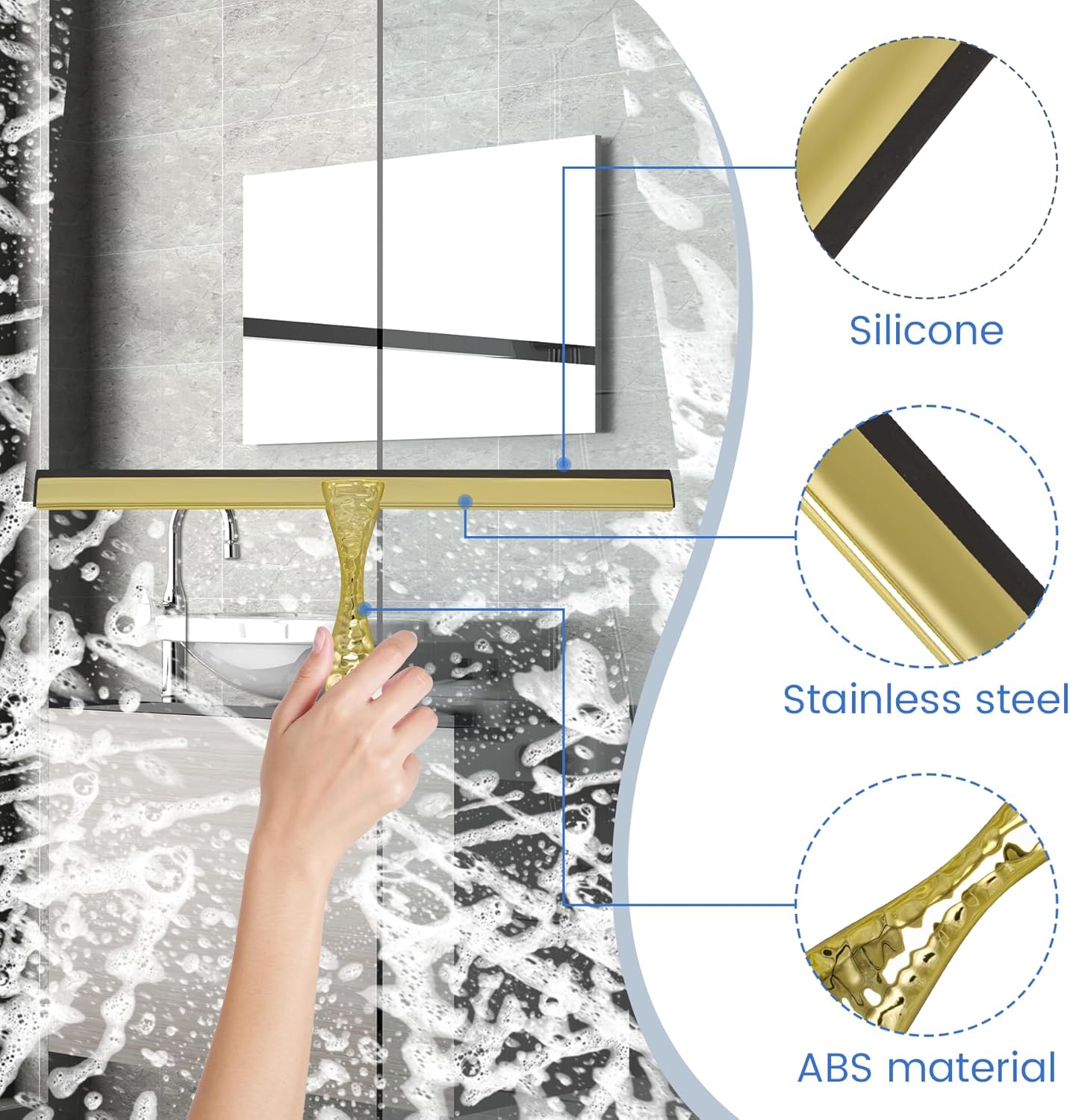 2-Pack Shower Squeegee for Glass Doors, 12 inch Gold Stainless Steel & 5 inch Pink Mini with 2 Gold Hooks, Non-Slip Hammered Handle, Silicone Wiper for Shower, Bathroom, Tile and Mirror