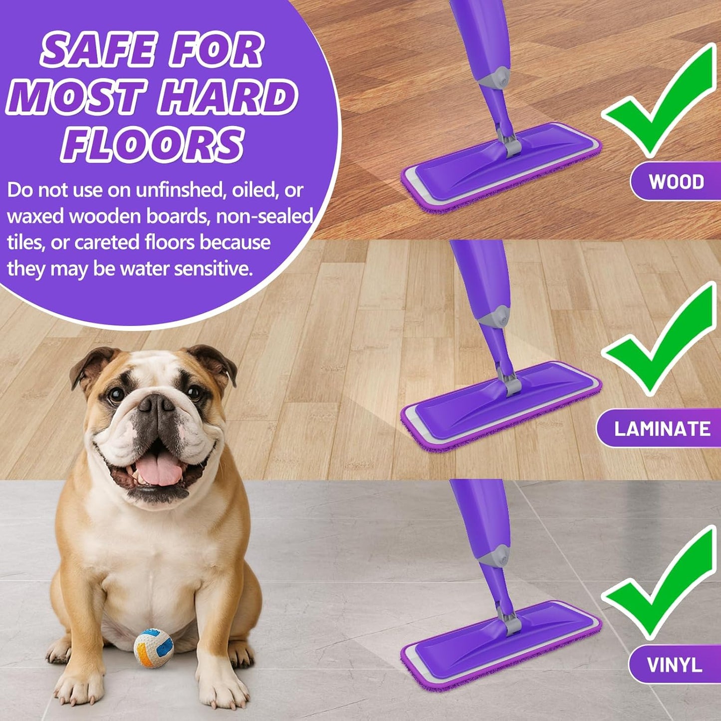 HOMTOYOU Spray Mops for Floor Cleaning: Wet Mop for Hardwood Tile Wood Laminate Vinyl - 3 Washable Microfiber Pads for Swiffer Powermop - Absorbs Pet Hair Dust