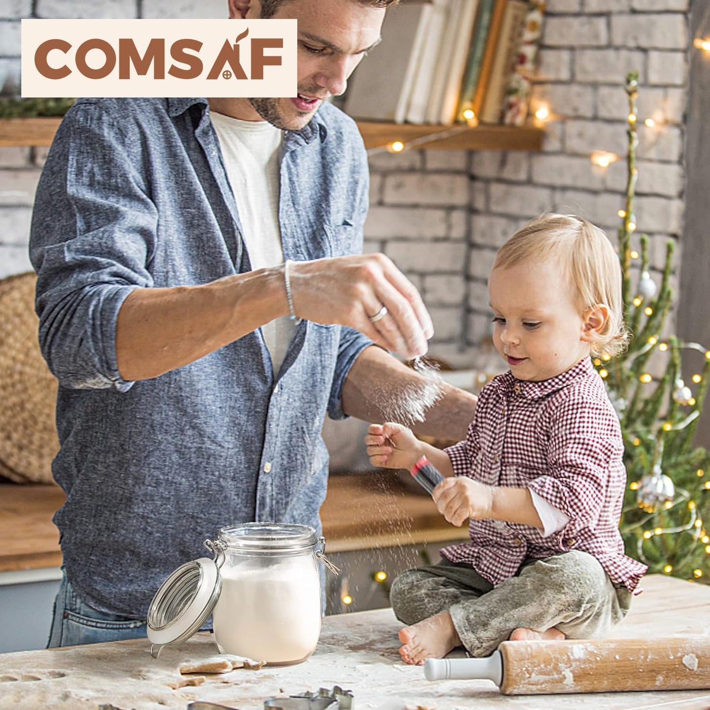 ComSaf 25oz Airtight Glass Canisters with Lids Set of 6, Round Food Storage Jar Container with Clamp Lids for Kitchen Canning Cereal Coffee Pasta Sugar Beans Spice, Clear Mason Jars with 12 Labels