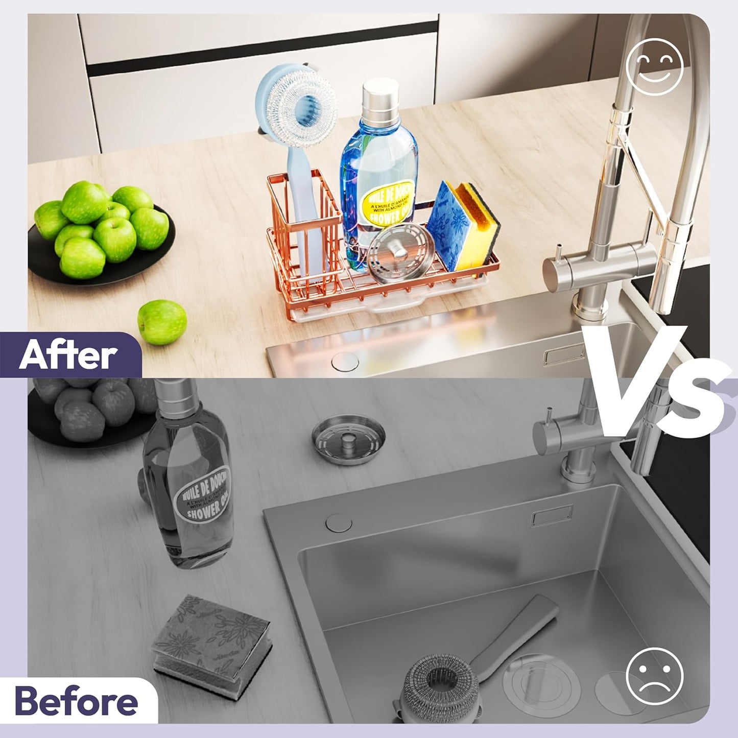 SWTYMIKI Sink Caddy Kitchen Sink Organizer with Detachable Brush Holder, Stainless Steel Sponge Holder with Removable Drip Tray Sponge Caddy for Kitchen Countertop, Rose Gold