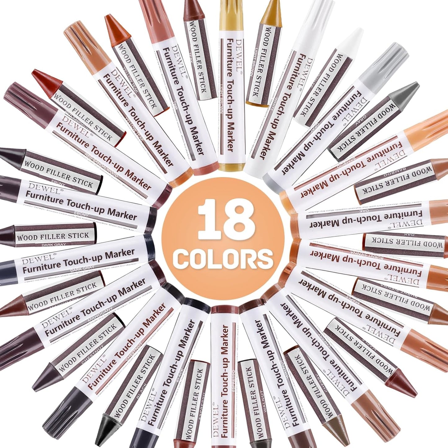 DEWEL Wood Furniture Markers & Filler Sticks Repair Kit, New Improved 18 Colors Touch Up Markers and Wax Sticks - Cover Damaged Wooden Surface and Floor, for Pet Scratches, Stains, Cracks and Dents