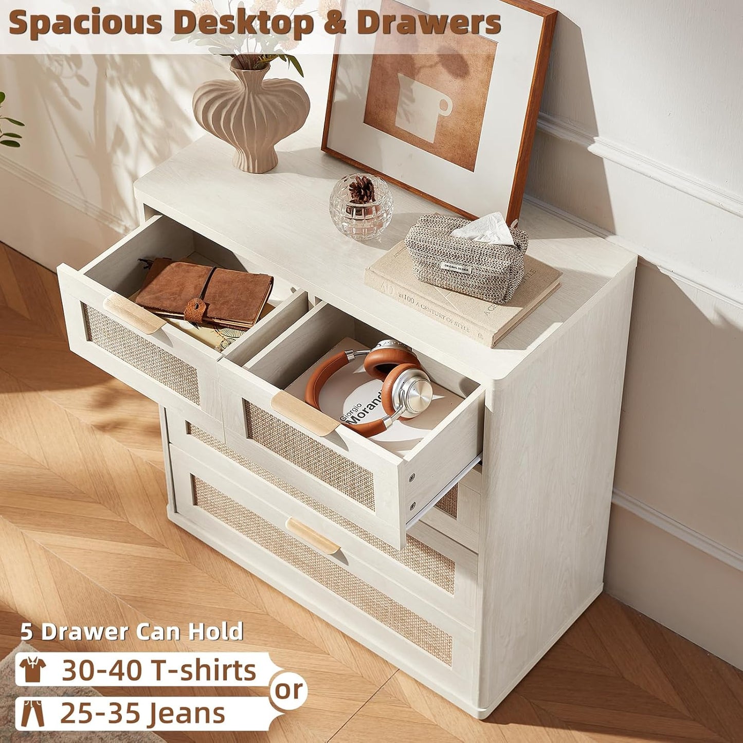 LEYAOYAO White Dresser for Bedroom, 33.5" Tall Chest of Drawers, Modern 5 Drawers Boho Rattan Dressers with Storage, Dresser Wooden Closet Organizer for Living Room, Hallway