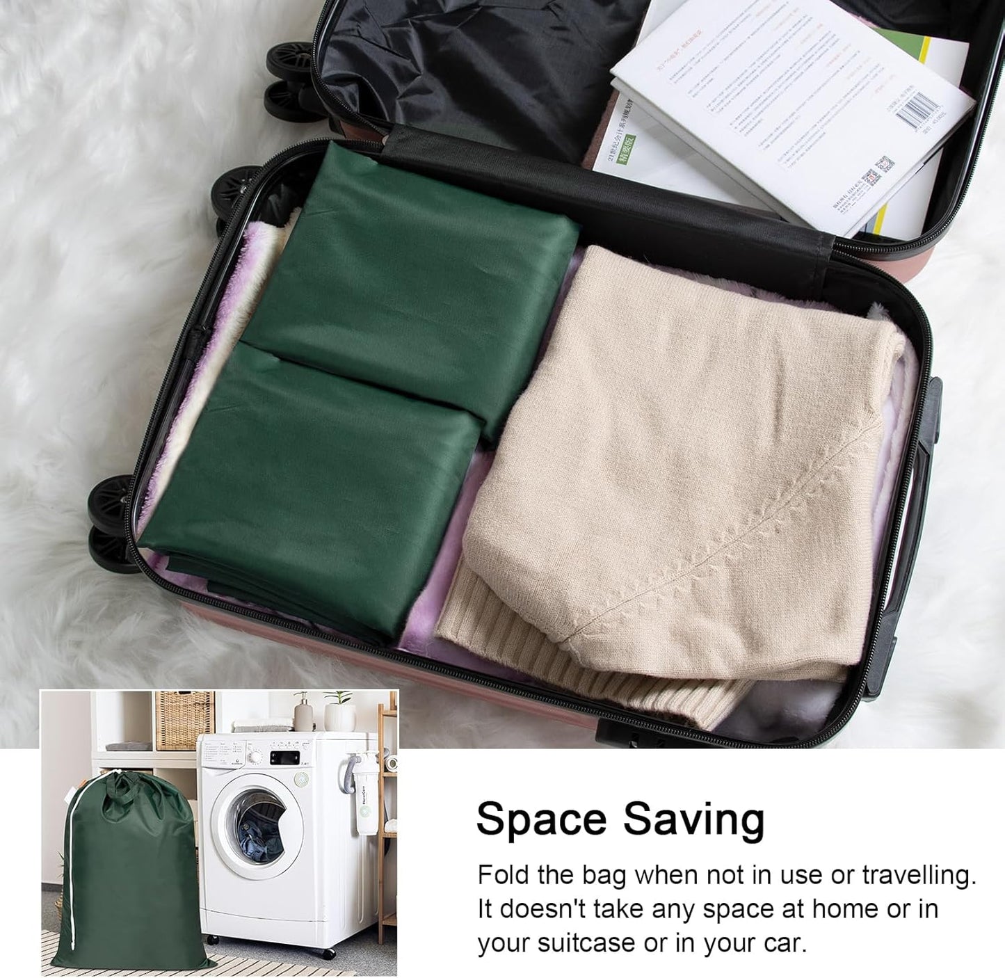 Polecasa Heavy Duty Large Laundry Bag with 130gsm Tear Resistant Fabric and Handles, Easy to Carry Durable Dirty Clothes Drawstring Bag, Perfect for College Dorm,Travel, 2 Pack 28”x36”,Green