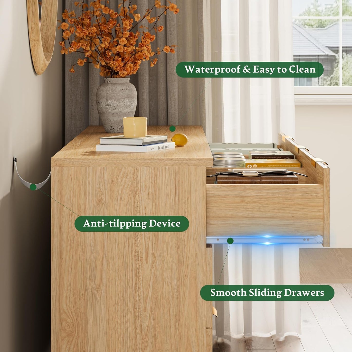 Fluted Dresser with 9 Drawers, 63" Wide Modern Chest of Drawers with Metal Handle, Wooden Dresser TV Stand, Wood Closet Clothes Storage Organizer for Bedroom, Living Room, Hallway, Natural Oak