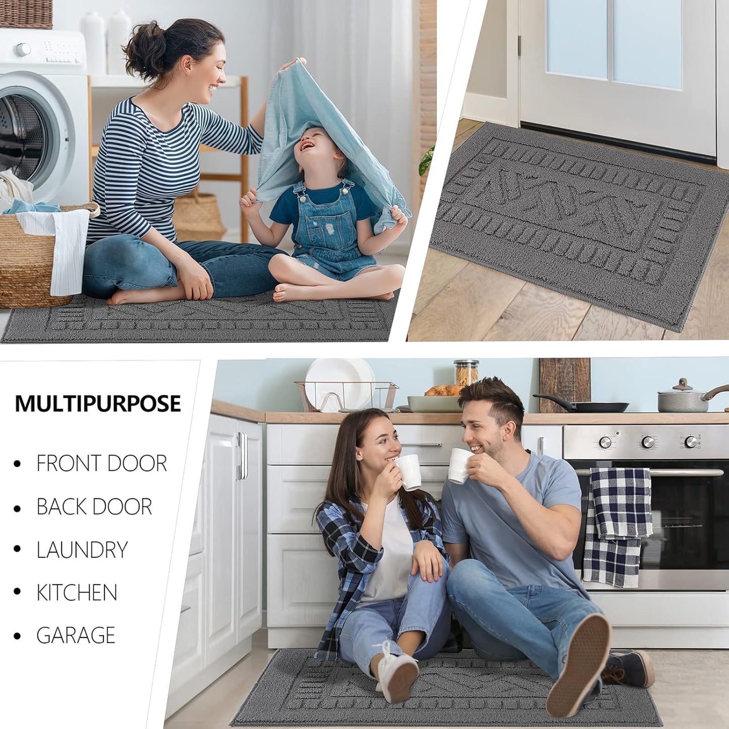 FONEYI Indoor Doormat, Front Back Door Mat Rubber Backing Non Slip Door Mats, 32"x48" Low-Profile Absorbent Resist Dirt Entryway Doormat Inside Floor Mats Entrance Washable, Entry Doormats, Grey