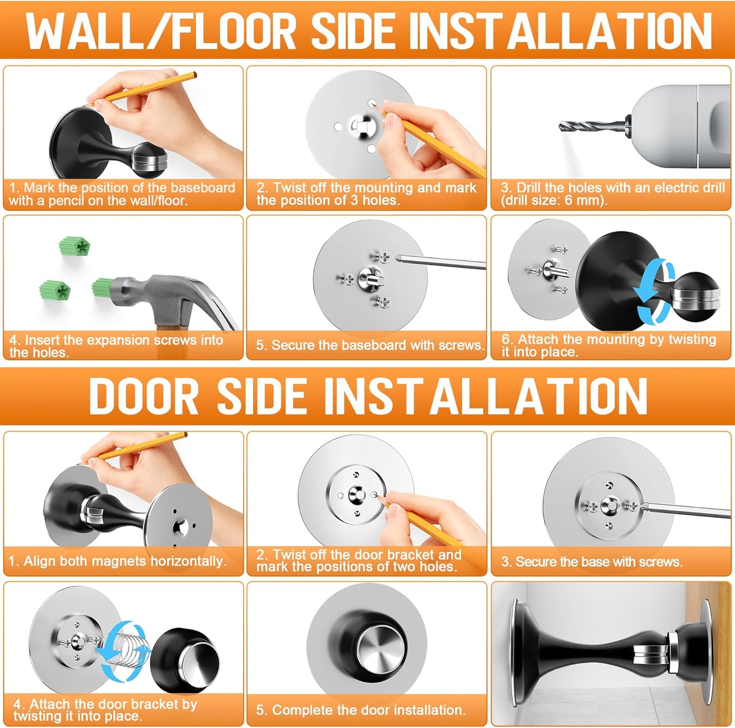 Crosize Magnetic Door Stoppers 2 Pack, Stainless Steel Door Catch for Wall and Floor Mounting, Door Holder Keep Door Open, No Drilling Door Stop with Adhesive Tapes, Black