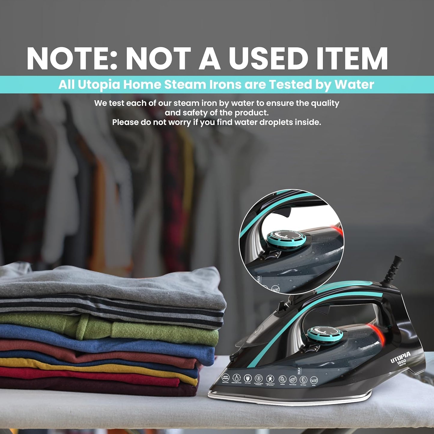 Utopia Home Steam Iron for Clothes - Non-Stick Soleplate - 1800W Clothes Iron With Auto-Off Safety Feature - Adjustable Thermostat Control, Variable Steam Control, Self-Clean, 8 Feet Cord (Black/Teal)