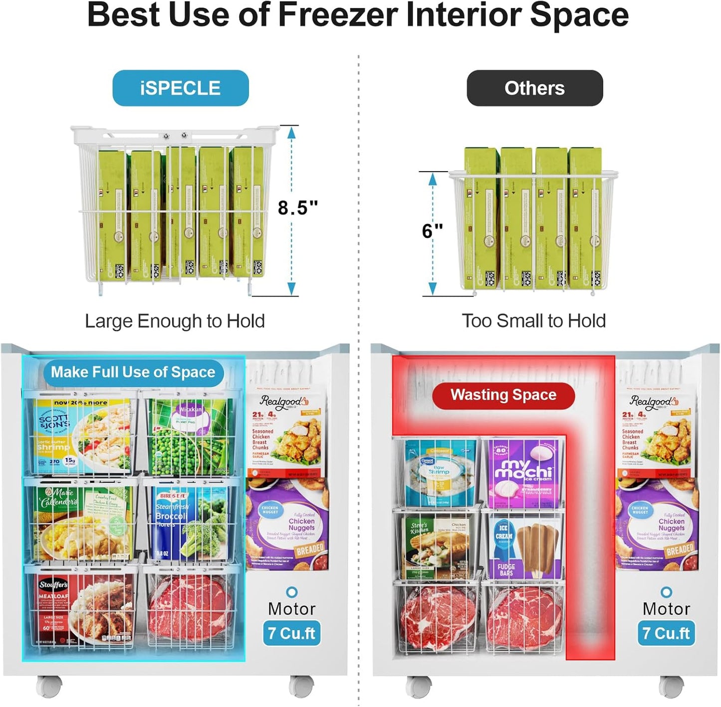 iSPECLE Freezer Organizer Bins - 2 Pcs Hanging Baskets for Deep Freezer, Adjustable Wider & Deeper Chest Freezer Organizer Bins for 5 to 9 Cu Ft, Extra Large & Easy Organize, White