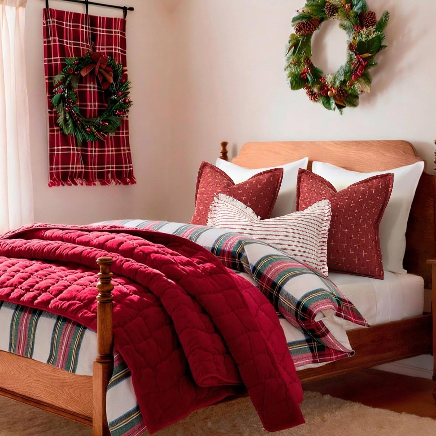 ZWJD Christmas Pillow Covers 22x22 Set of 2 Soft Polyester Textured Pillows with Stylish Flange Edge Cozy Farmhouse Christmas Decor for Couch Bed Sofa Living Room (Red)