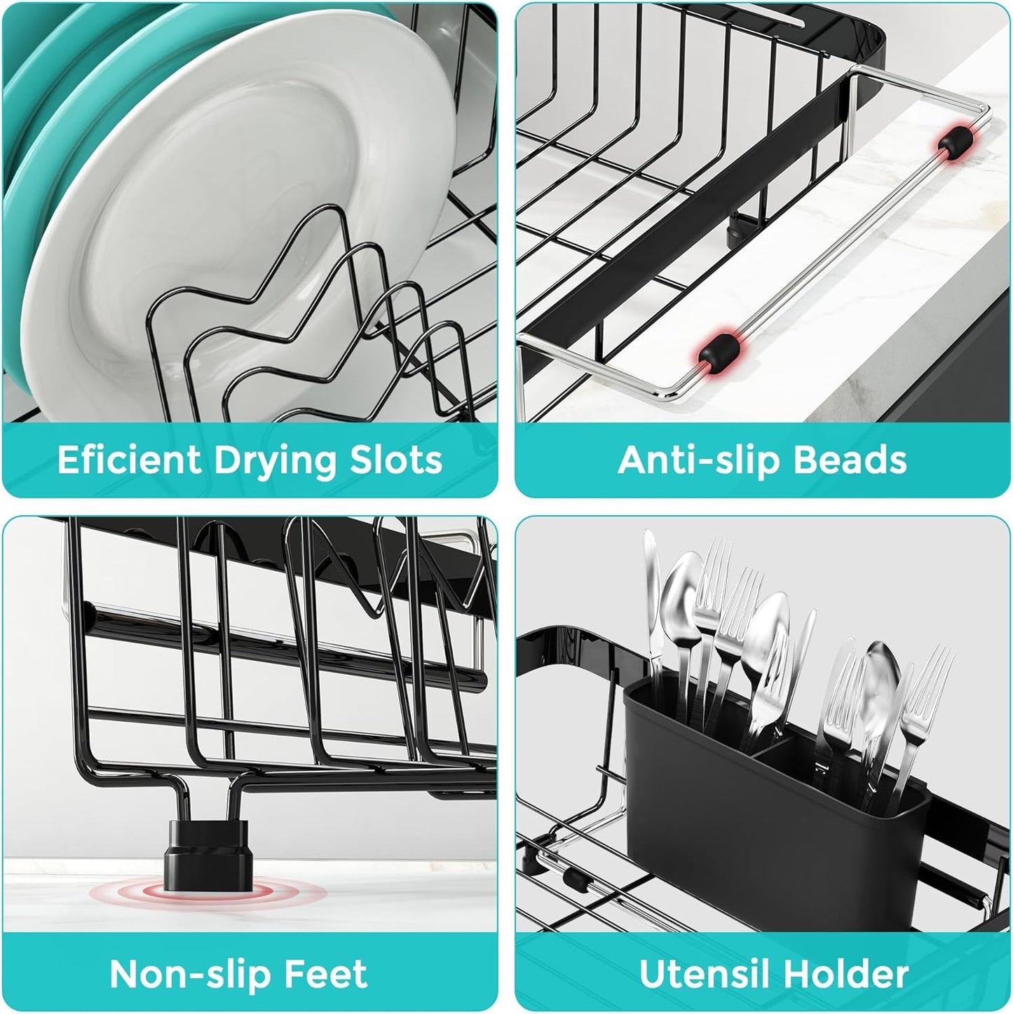 Small Expandable Over The Sink Dish Drainer Drying Rack In Stainless Steel Metal For Kitchen, Counter Space Saving Black Compact Above Plate Dryer Strainer, Adjustable Hanging Inside Sink Drain Holder