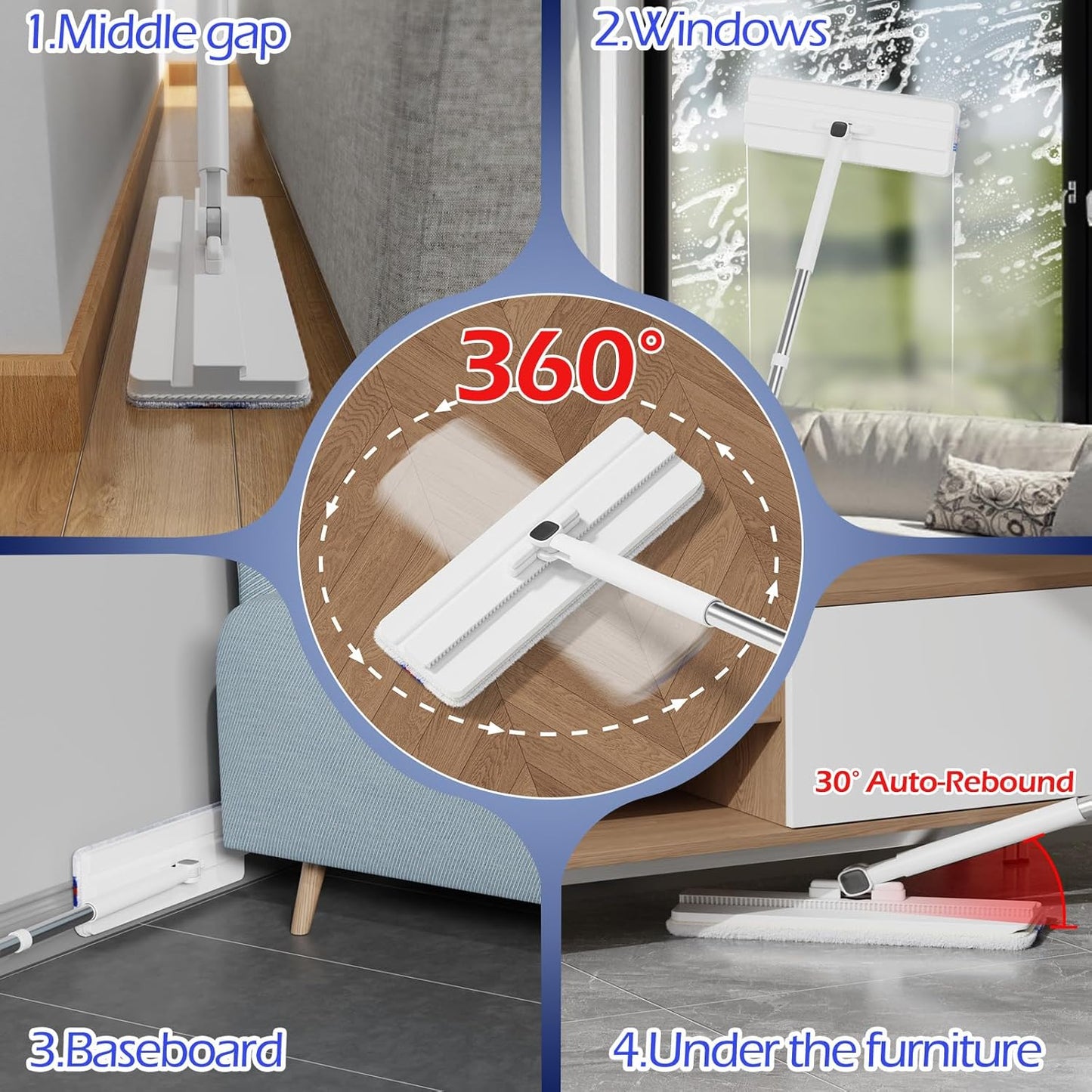 Mop and Bucket Set,Midyb Flat Mops and Bucket System with 2 Microfiber Pads,Mop and Bucket with Wringer Set,Automatic Separates Dirty and Clean Water,Wet and Dry Use Mops for Floor Cleaning