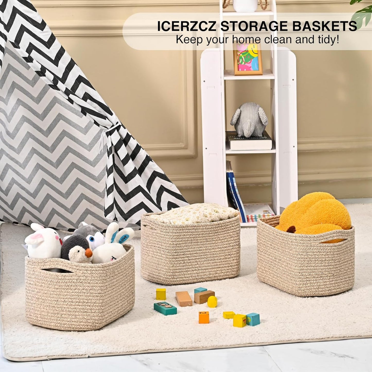 Small Storage Baskets for Shelves Organizing, Woven Cotton Rope Baskets for Storage, Book Basket, Decorative Shelf Basket, 12.5"Lx9.1''Wx7.9''H (4 Packs) Brown