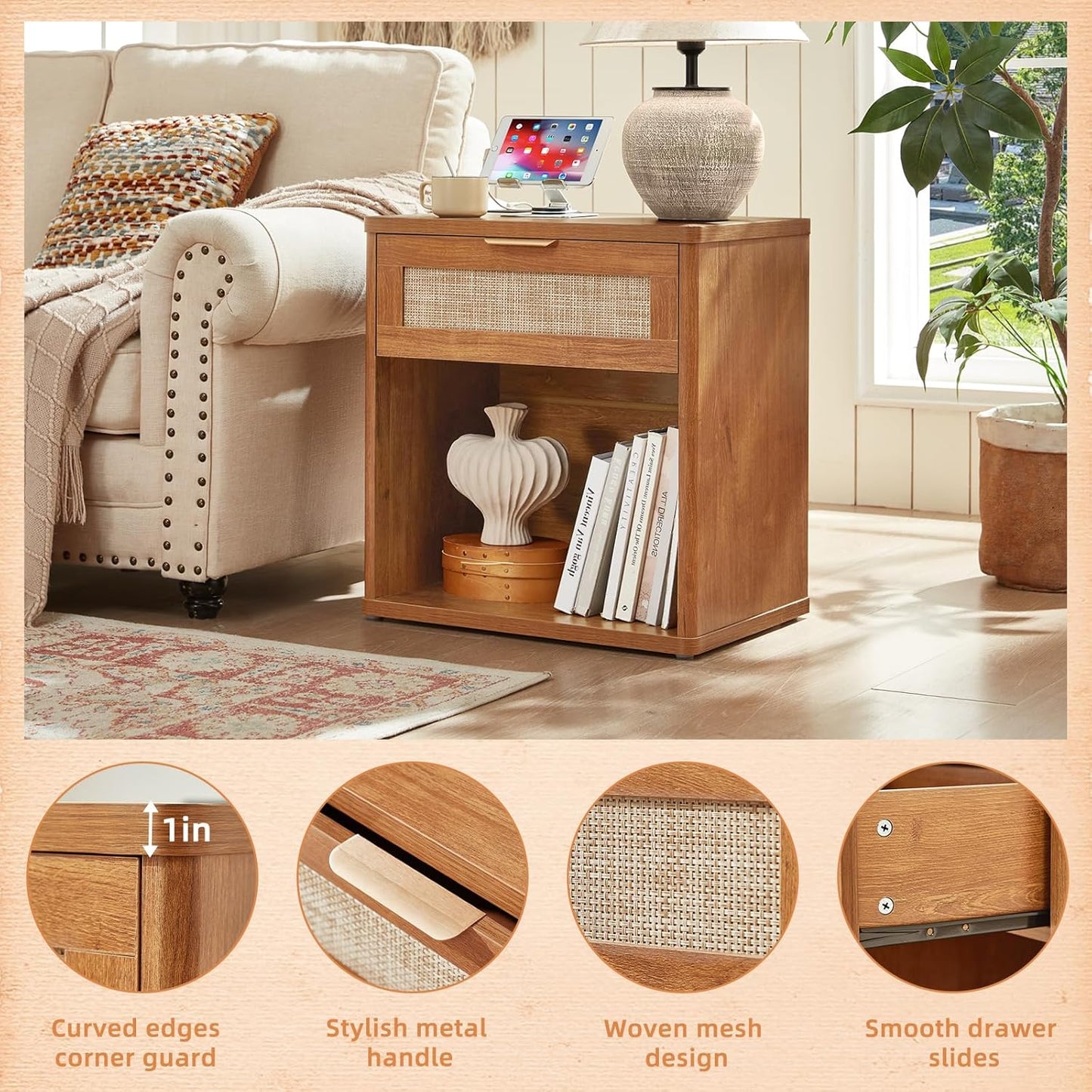 LEYAOYAO Rattan Nightstands Set of 2 with Charging Station, Natural Wood Night Stand with Drawer, 23" Wide Boho Bedside Table Open Cabinet, Bed Side Table Dresser for Bedroom, Living Room, Entrance