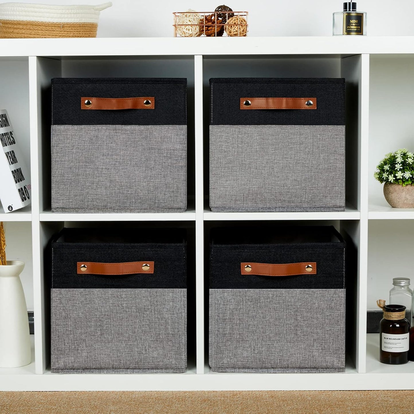HNZIGE Fabric Cube Storage Baskets 11x11, Set of 4, Foldable Baskets with Handlesfor Organizer Closet(Black Gray)