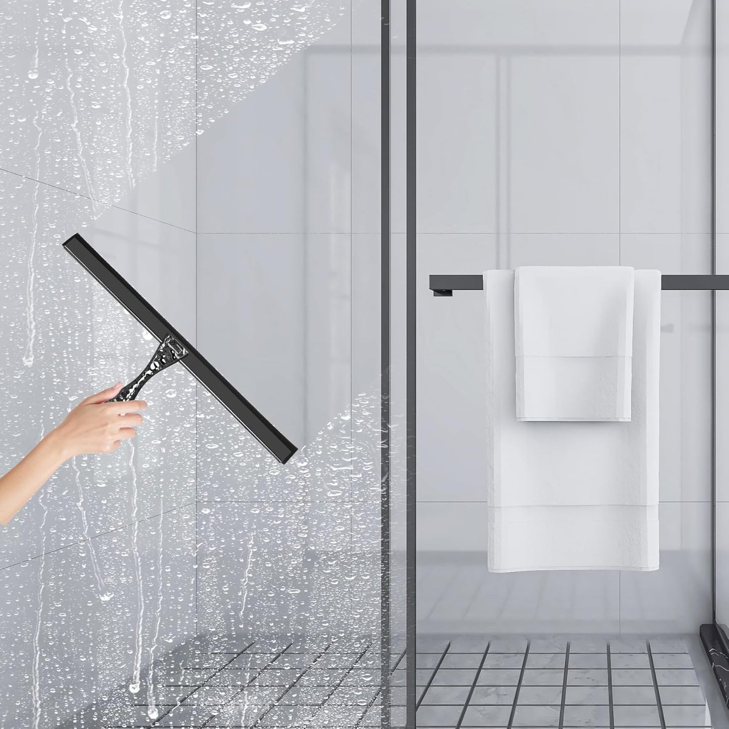 All-Purpose Silicone Shower Squeegee for Shower Glass Door,with 1 Hooks,for Bathroom Glass, Car, Tile Wall, Mirror Cleaning - Flower Shaped Handle for Easy-Grip 12 Inch Black