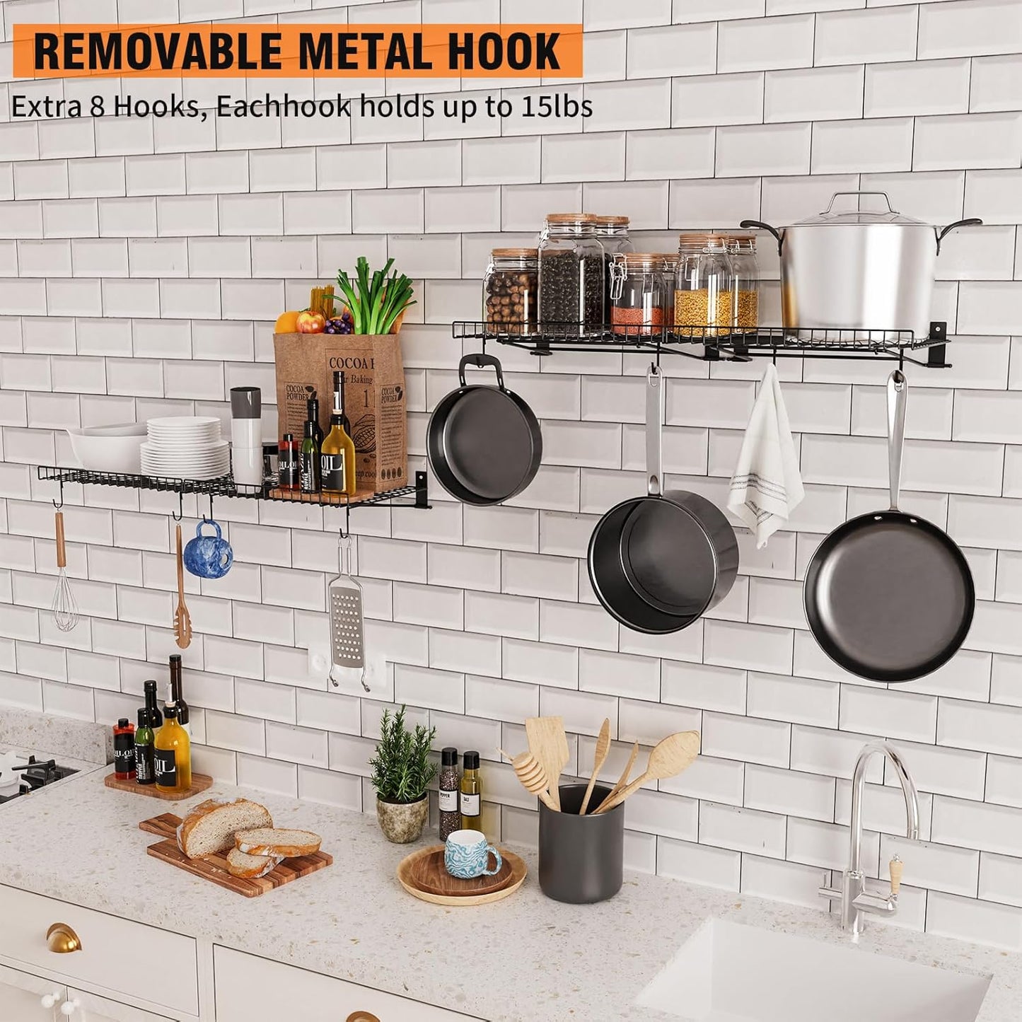 4 Pack Foldable Wall Shelf, Wall Mounted Garage Storage Shelves, Heavy Duty Wall Shelving Supports Up To 180 LBS. Floating Shelves With 8 Hooks Metal Storage Rack for Office, Kitchen and Laundry Room